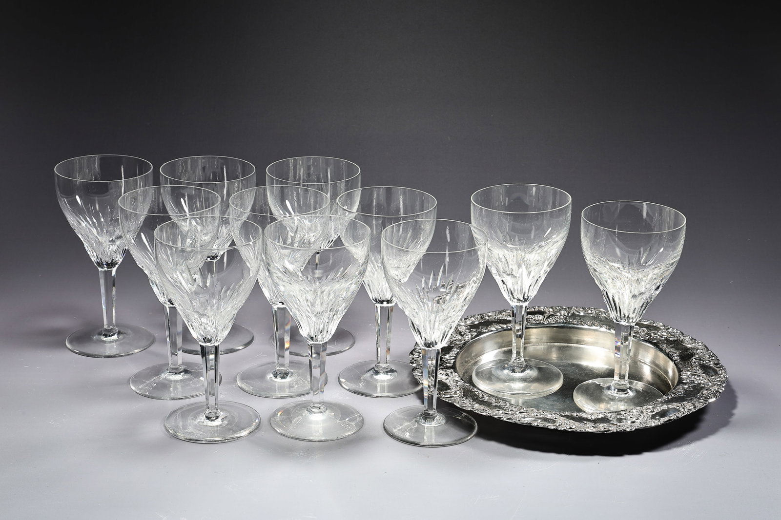 11 Royal Leerdam Blown And Cut Crystal Goblets And Silver Plate (1 of 8)