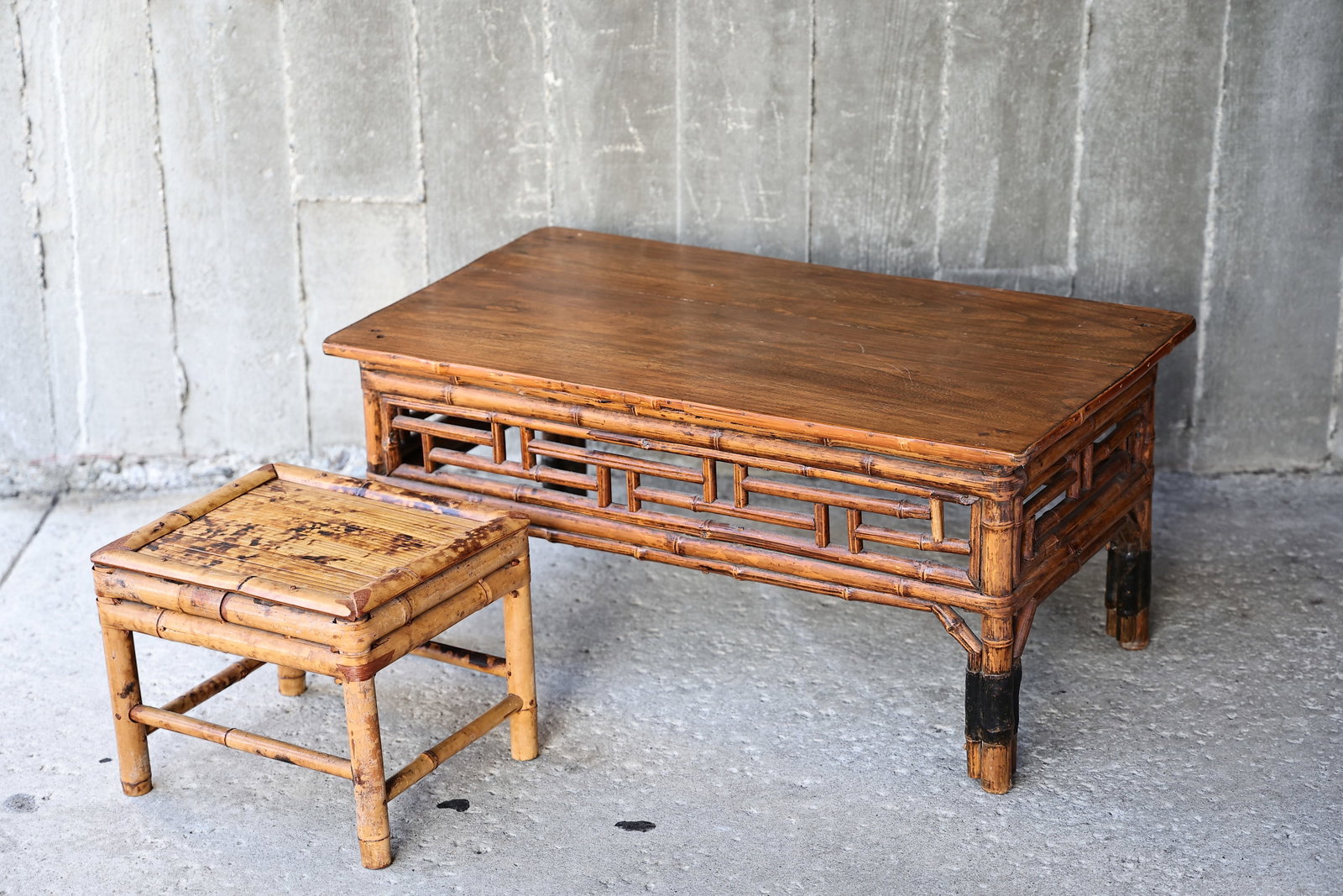 Chinese Wood And Bamboo Table And Burnt Tortoise Bamboo Stand (1 of 7)