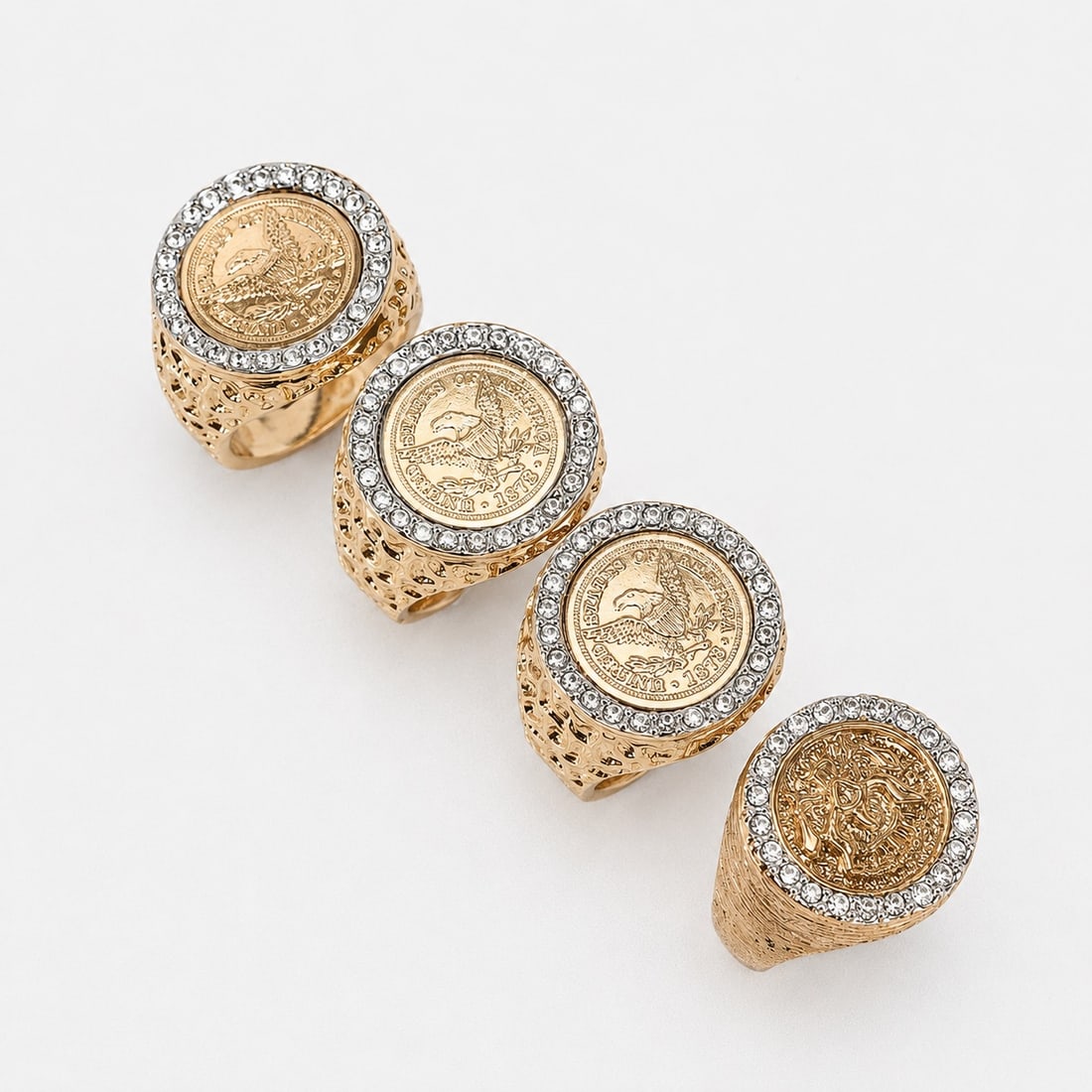 4 Gold Tone Coin Style Fashion Rings Rhinestone Statement Rings (1 of 6)