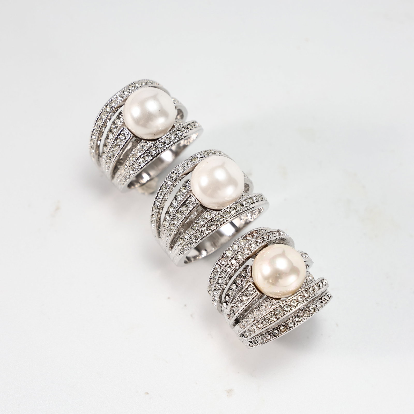 3 Fashion Pearl & Clear CZ Cocktail Silver Tone Multi-Band Statement Rings: 3 Fashion Pearl & Clear CZ Cocktail Silver Tone Multi-Band Statement Rings (Size: 7.5, 6.5, 5.5)