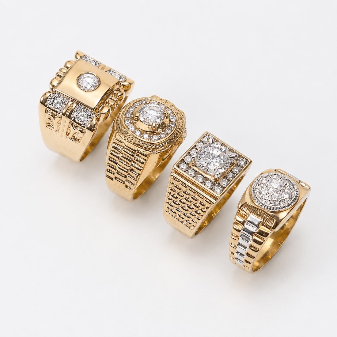 4 Men's Gold Tone Statement Cocktail Rings with Clear Stones: 4 Men's Gold Tone Statement Cocktail Rings with Clear Stones (Size: 10.5, 13.5, 11.5, 9.5)