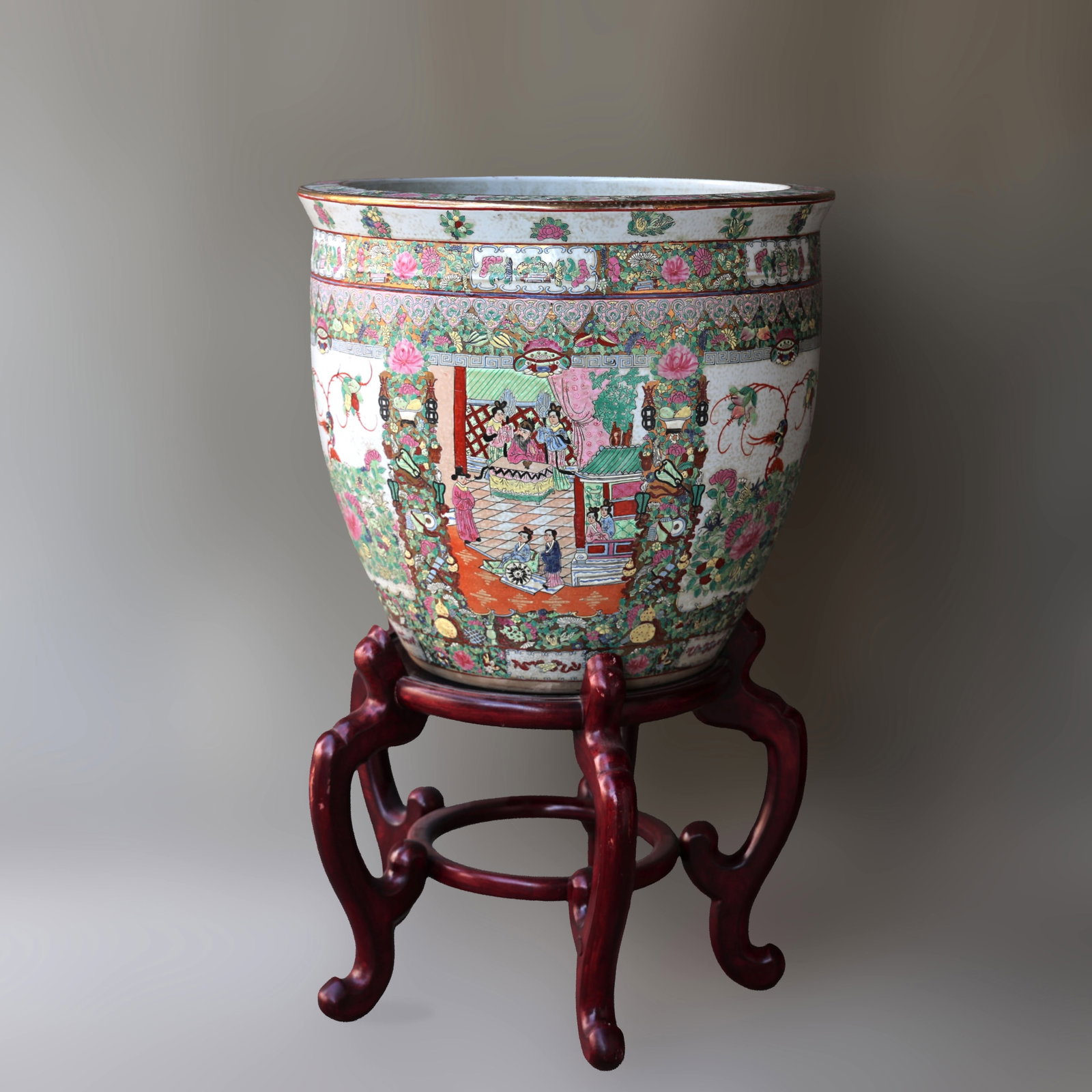 Large Chinese Famille Rose Fish Bowl Jardiniere On Stand (1 of 9)