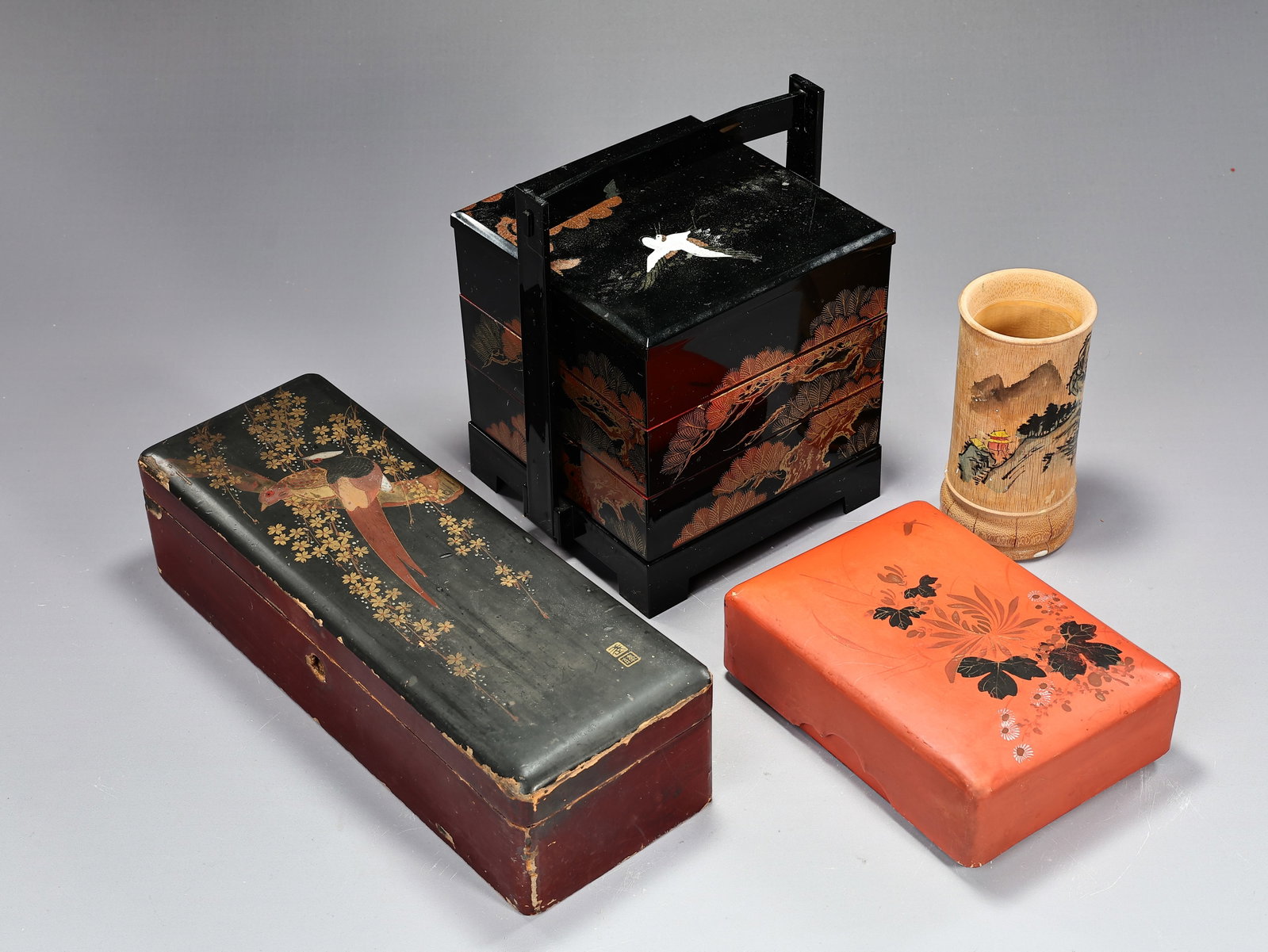 Collection Of Japanese Lacquer Boxes With Hand Painted Bamboo Vase (1 of 9)
