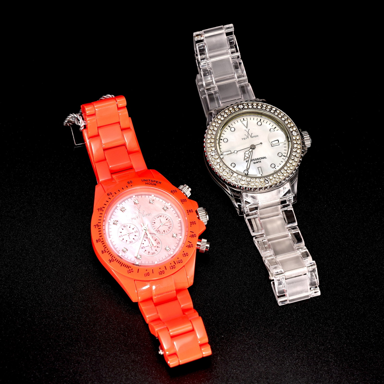 2 Toy Watch Quartz Wristwatches, Orange Chronograph Style & Clear Crystal Bezel: 2 Toy Watch Quartz Wristwatches, Orange Chronograph Style & Clear Crystal Bezel (Watch: about 4 x 4 cm each)