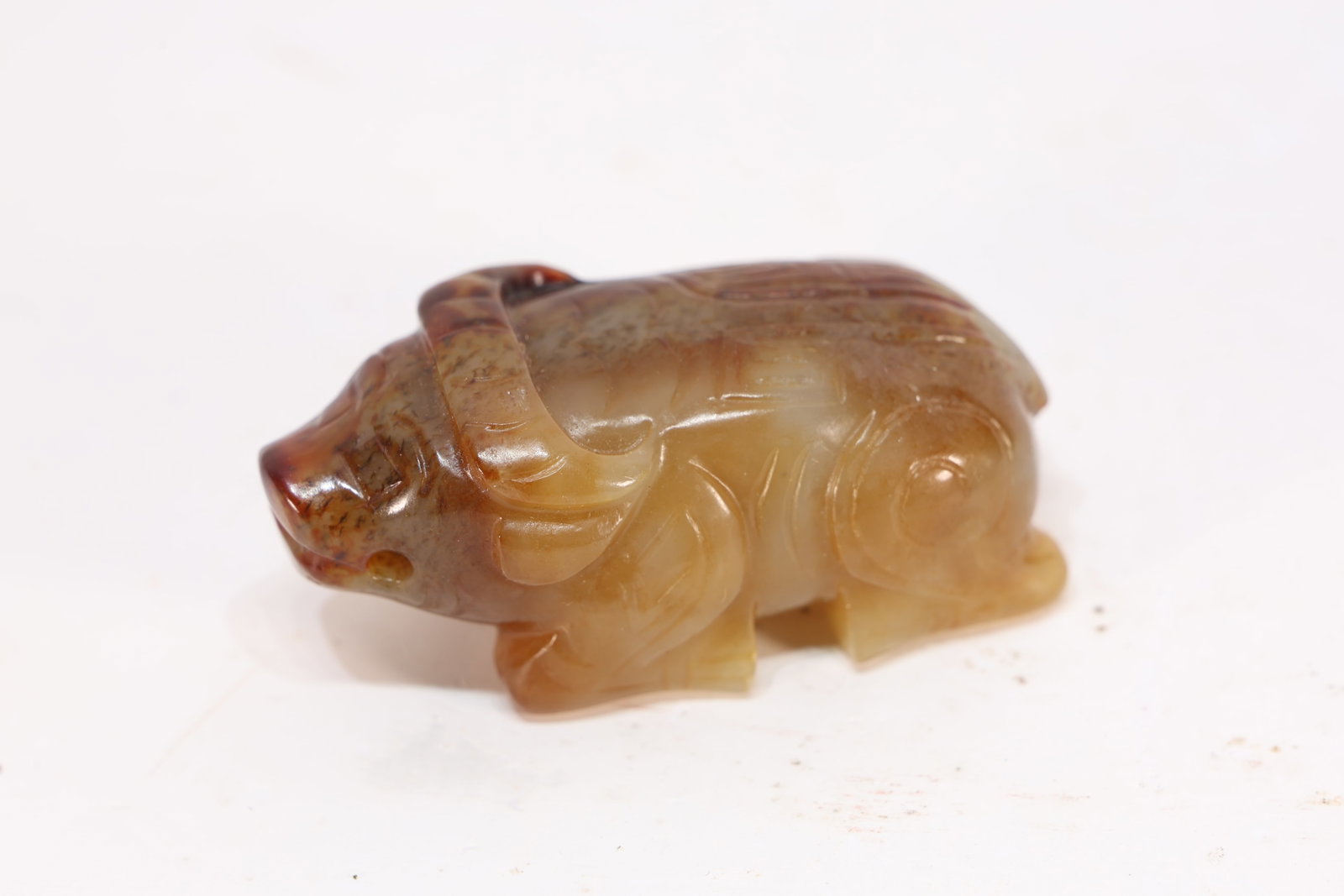 Jade Carved Beast Face Pattern Ox Shape Ornament: Jade Carved Beast Face Pattern Ox Shape Ornament (5.5 x 2.5 x 2.5cm)