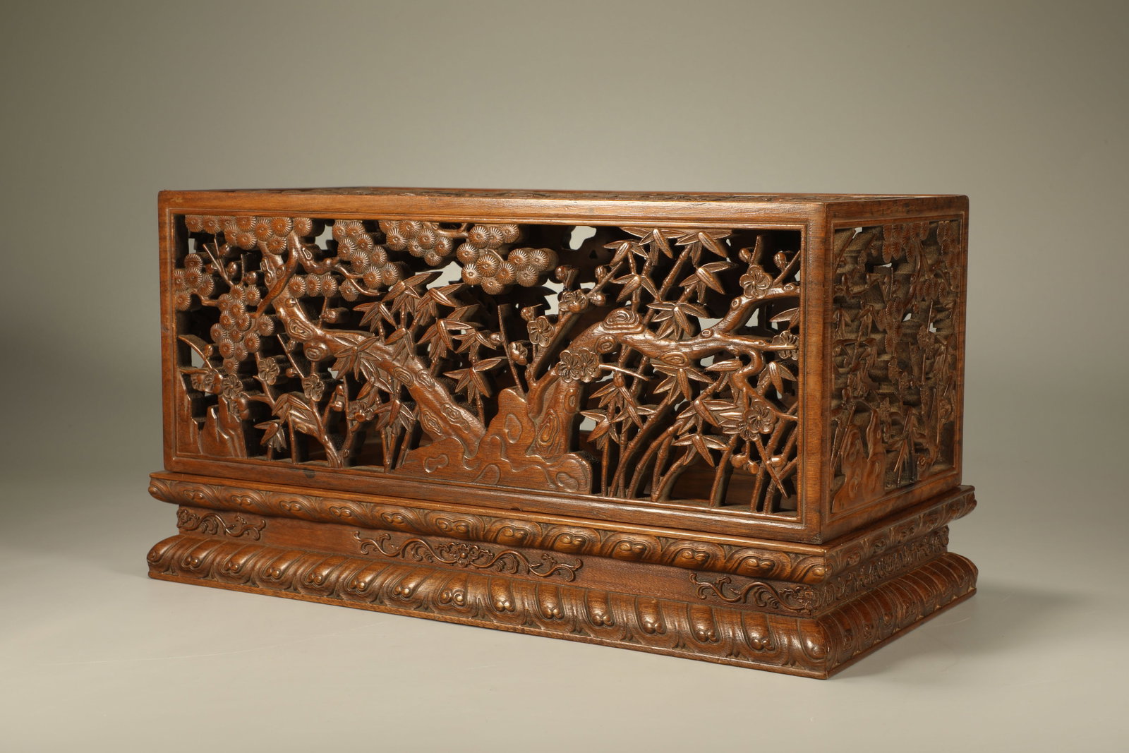 Gold Rimmed Nanmu Carved Pine Tree and Bamboo & Plum Flower Pattern Lid Box (1 of 6)