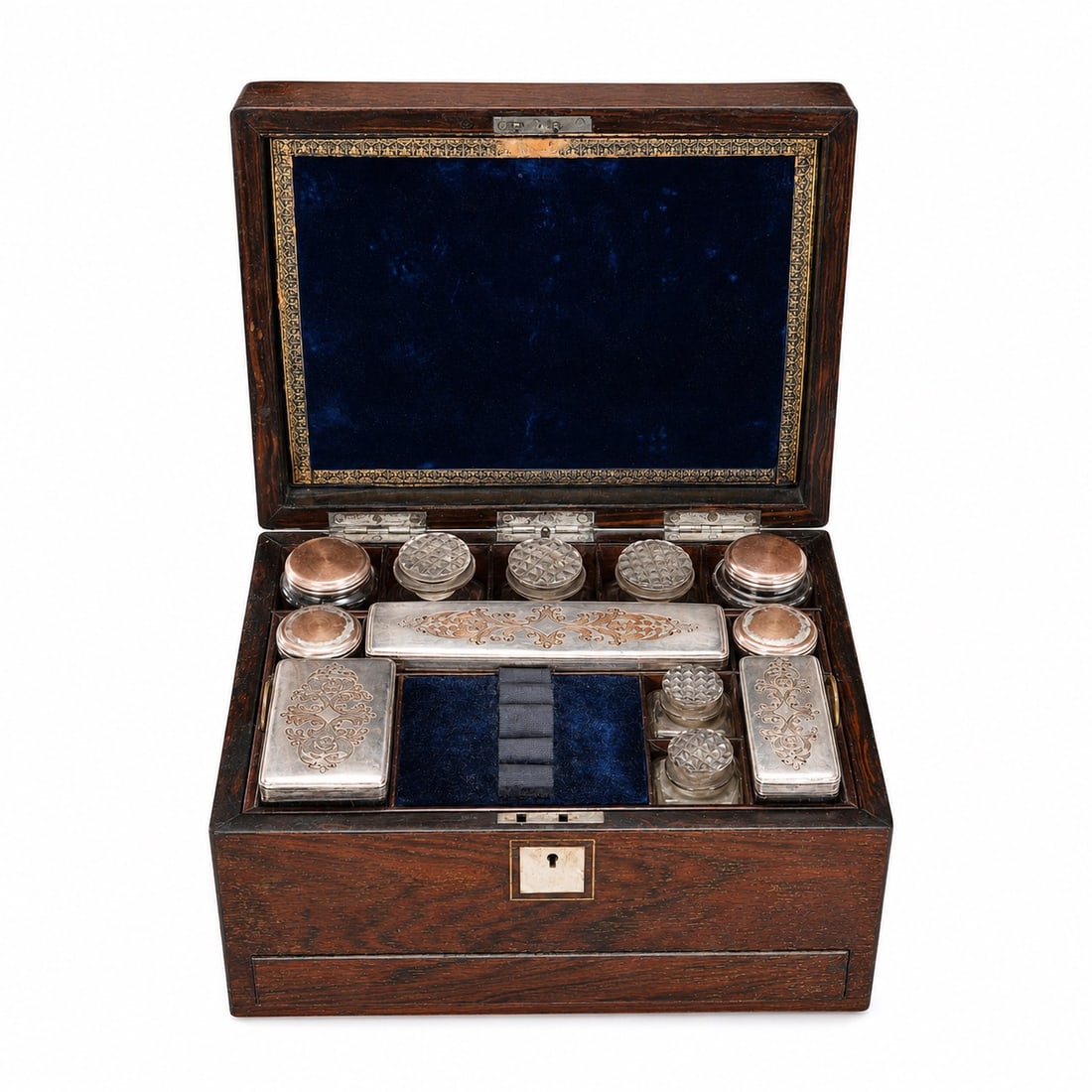 Antique Victorian Rosewood Vanity Box: Antique Victorian Rosewood Vanity Box (Box: 29 x 22 x 16.5 cm, Bottle: about 9 x 4 x 3.5 cm more or less These elegant dressing boxes were popular from about 1830 to 1900, especially during the Victor