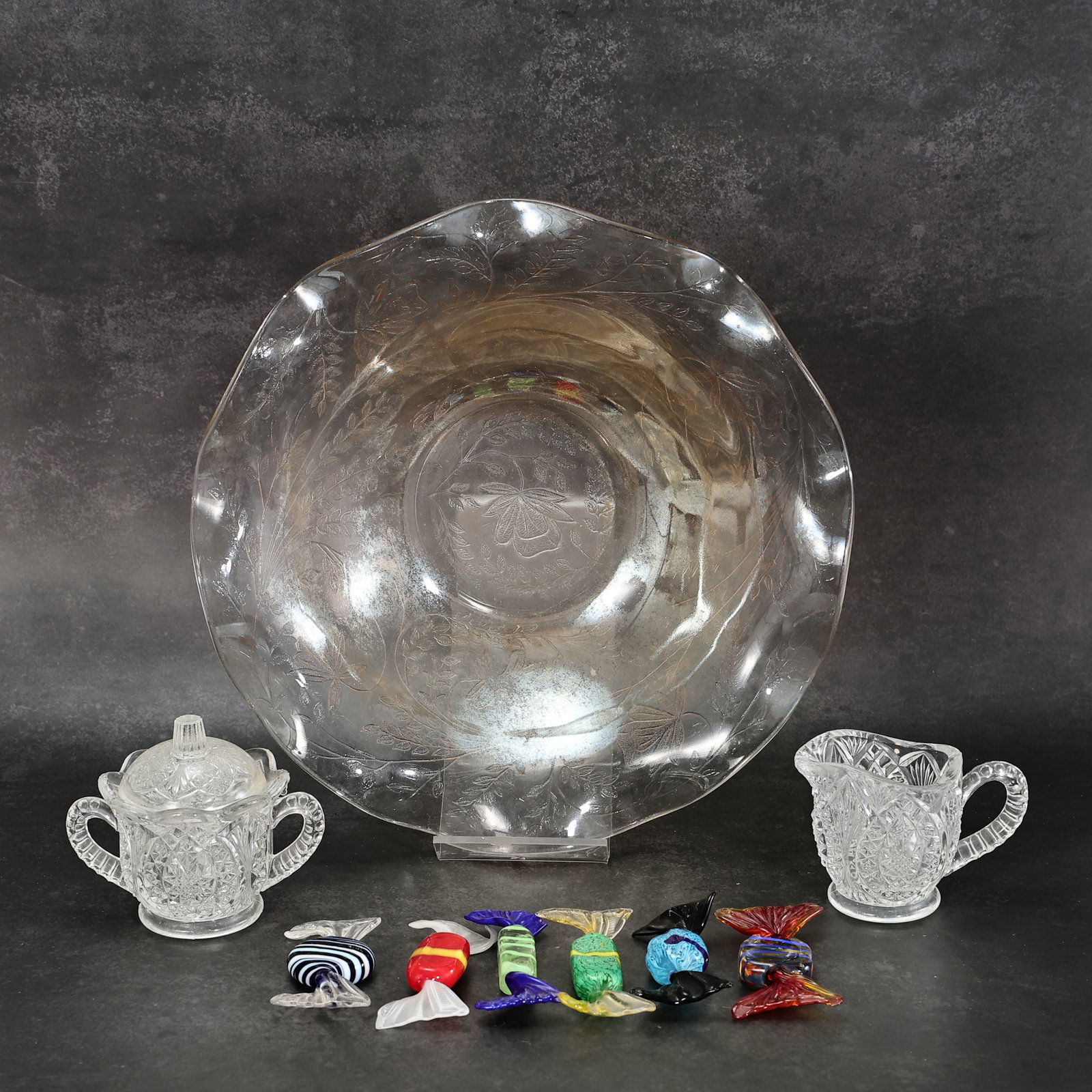 Vintage Iridescent Glass Floral Bowl, Sugar Bowl & Creamer, Murano-Style Glass Candy Sculptures (1 of 8)