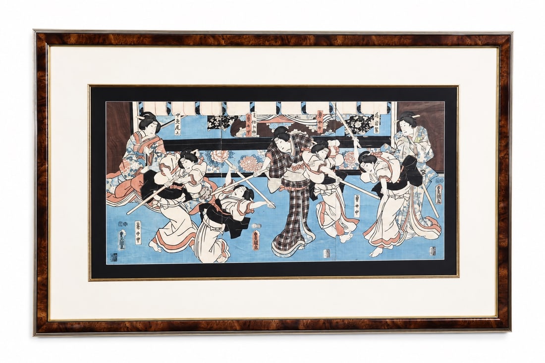 Ukiyo-e Style Japanese Woodblock Triptych After Utagawa Toyokuni III (Kunisada) Framed: Ukiyo-e Style Japanese Woodblock Triptych After Utagawa Toyokuni III (Kunisada) Framed (103 x 64 x 1.3 cm) The artist?s signature cartouche appears to read ??? (Toyokuni ga), indicating the design is 