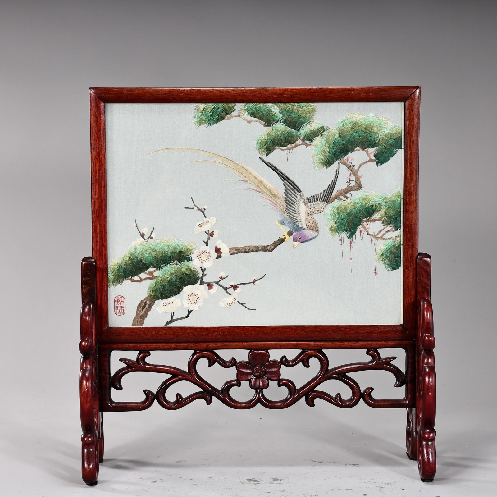Chinese Suzhou Silk Embroidery Double Sided Screen with Bird, Pine, Plum Blossoms: Chinese Suzhou Silk Embroidery Double Sided Screen with Bird, Pine, Plum Blossoms (31 x 26 x 11 cm with stand)