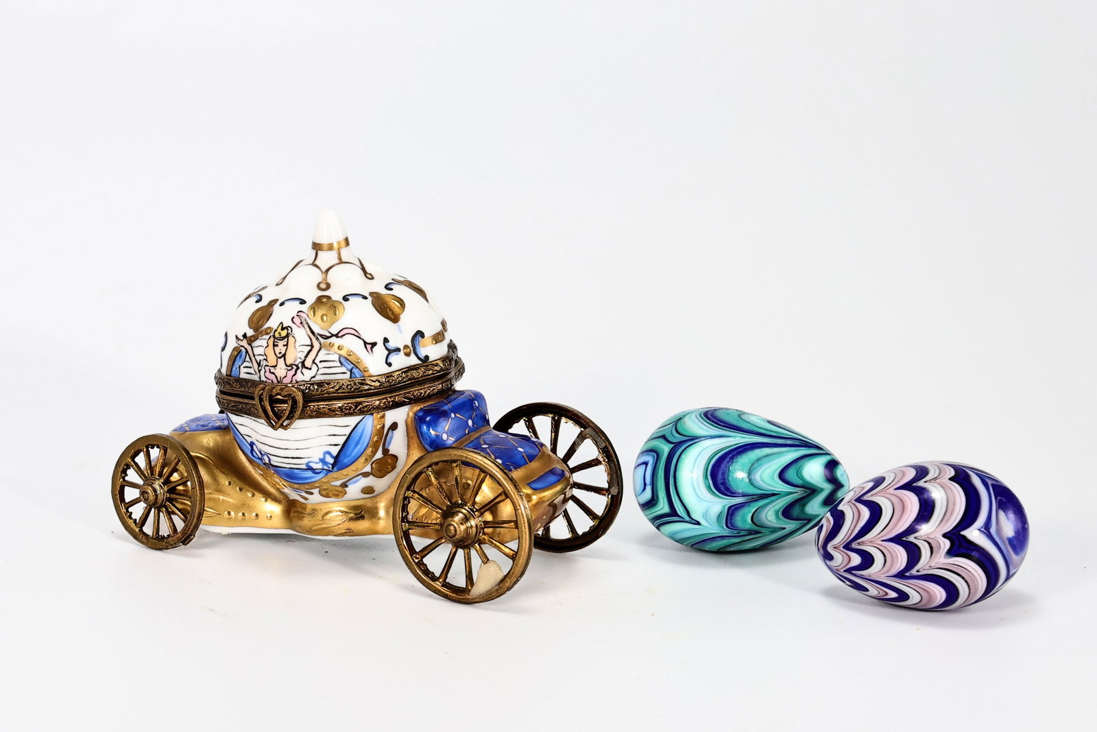 Dubarry Limoges France Painted Cinderella Coach Porcelain Trinket Box with Two Art Glass Eggs (1 of 7)