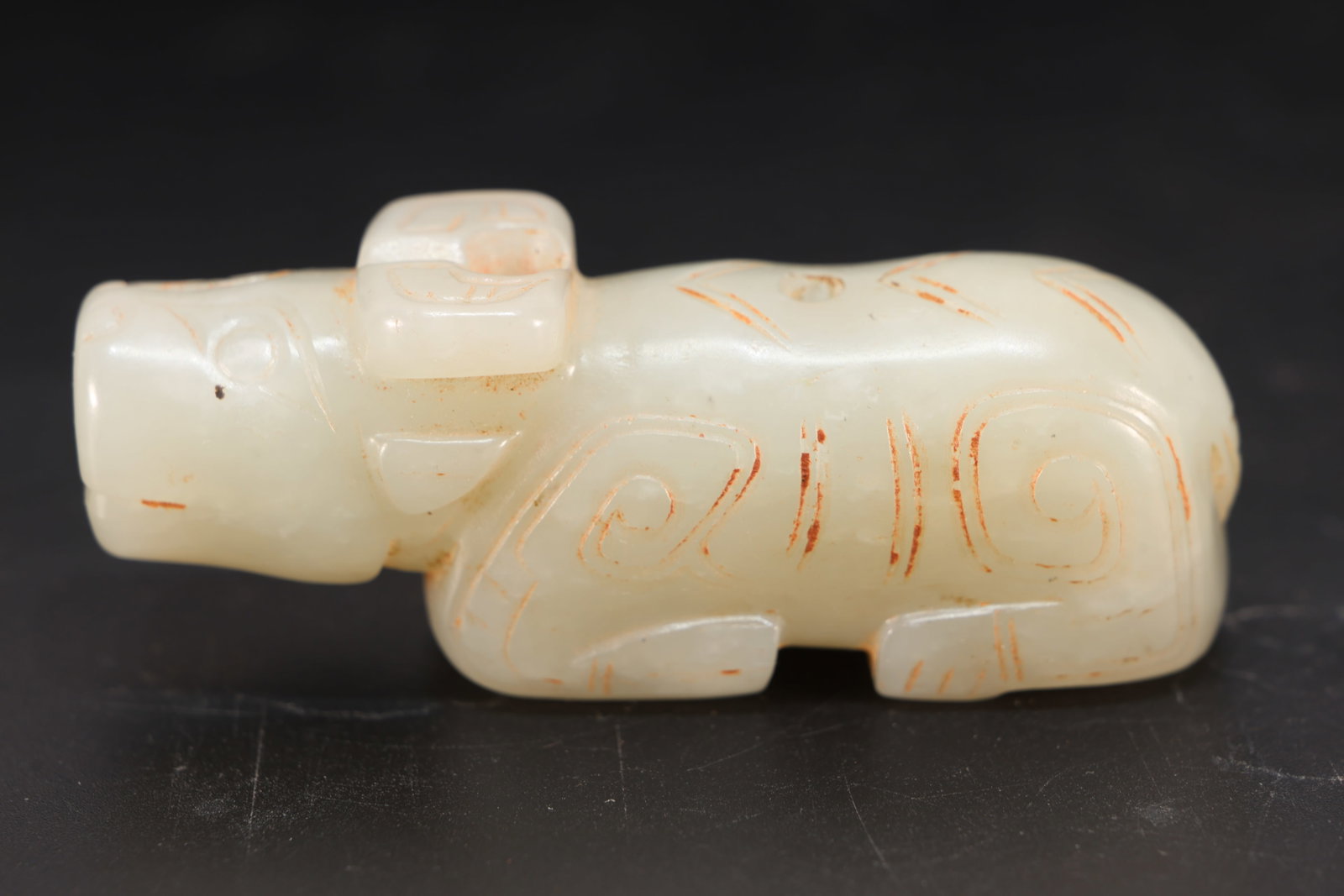 Jade Carved Beast Face Pattern Ox Shape Ornament: Jade Carved Beast Face Pattern Ox Shape Ornament (7.2 x 2.5 x 2cm)