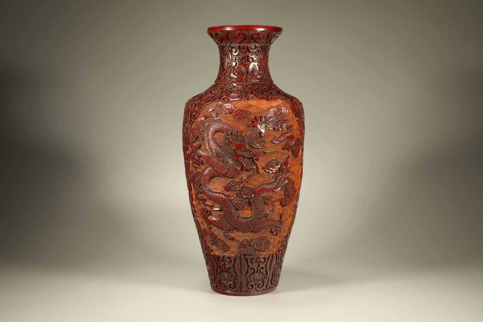 Lacquerware Red Carved Flower and Dragon Pattern Vase: Lacquerware Red Carved Flower and Dragon Pattern Vase (37.4 x 17.5cm)