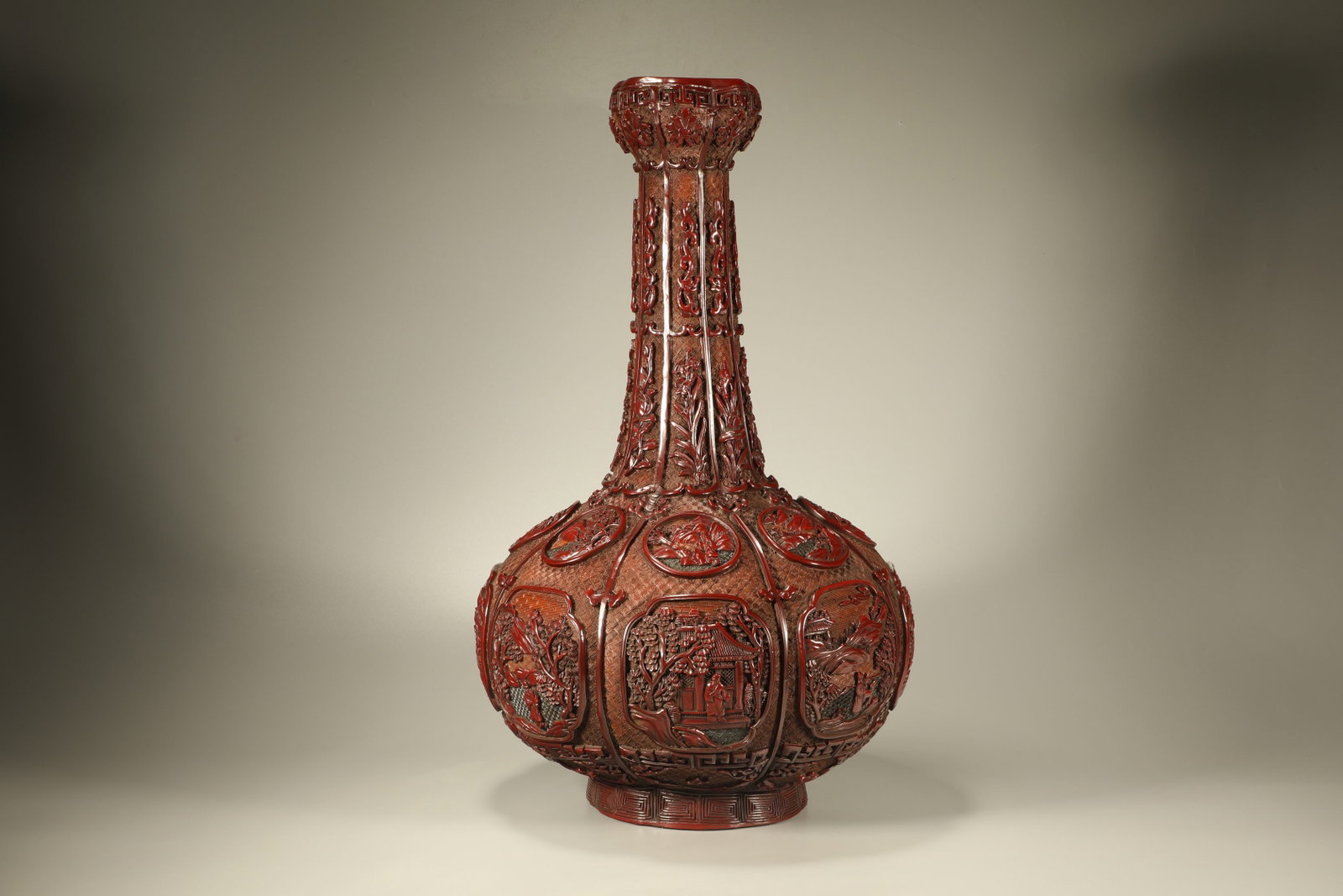 Lacquerware Red Carved Landscape and Character Story Pattern Vase: Lacquerware Red Carved Landscape and Character Story Pattern Vase (49.5 x 29cm)