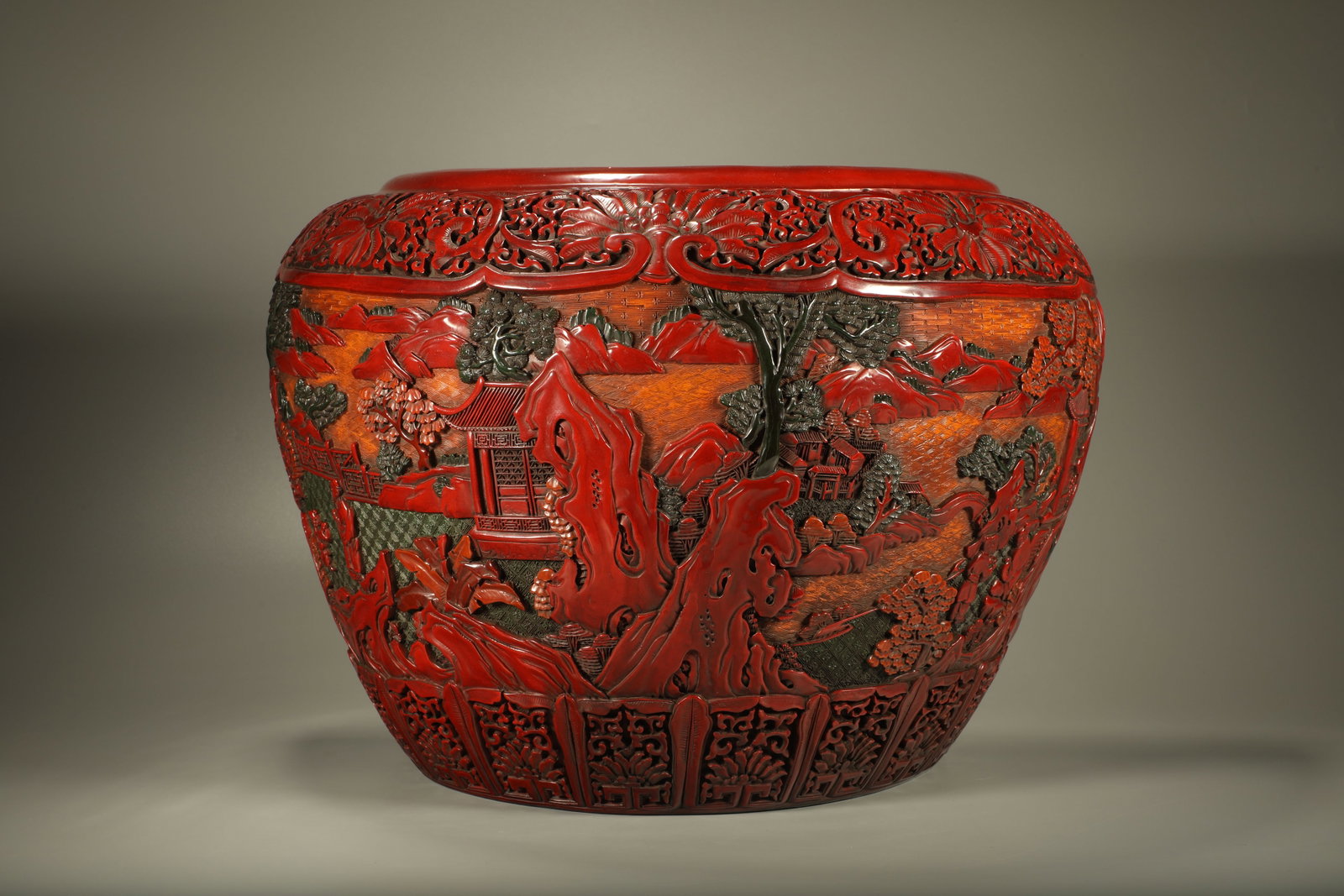Lacquerware Red Carved Landscape and Character Story Pattern Hanging Pot: Lacquerware Red Carved Landscape and Character Story Pattern Hanging Pot (46.5 x 23 x 32.7cm)