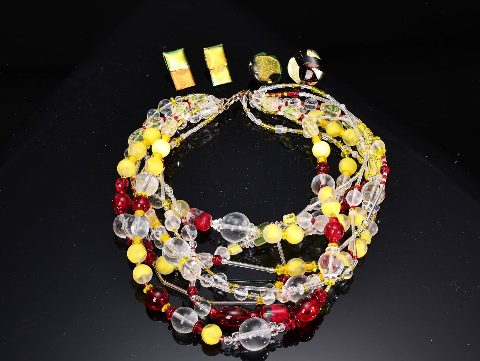 Multi-strand Yellow Red Crystal Glass Bead Necklace And Dichroic Clips Earrings (1 of 8)