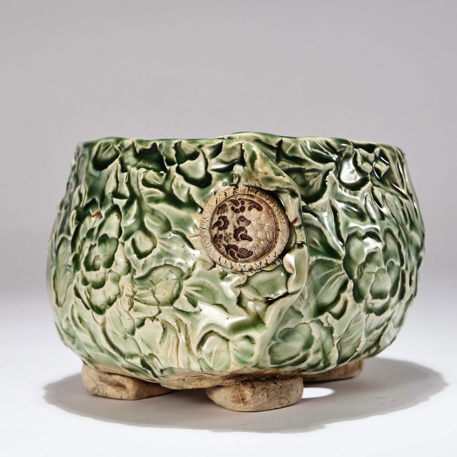 Green Glazed Floral Relief Pottery Jardini?re Flower Frog Planter By Donna Taylor (1 of 7)