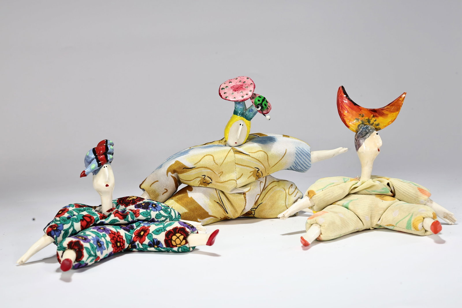 Three Whimsical Handmade Folk Art Cloth & Painted Figural Dolls (1 of 8)