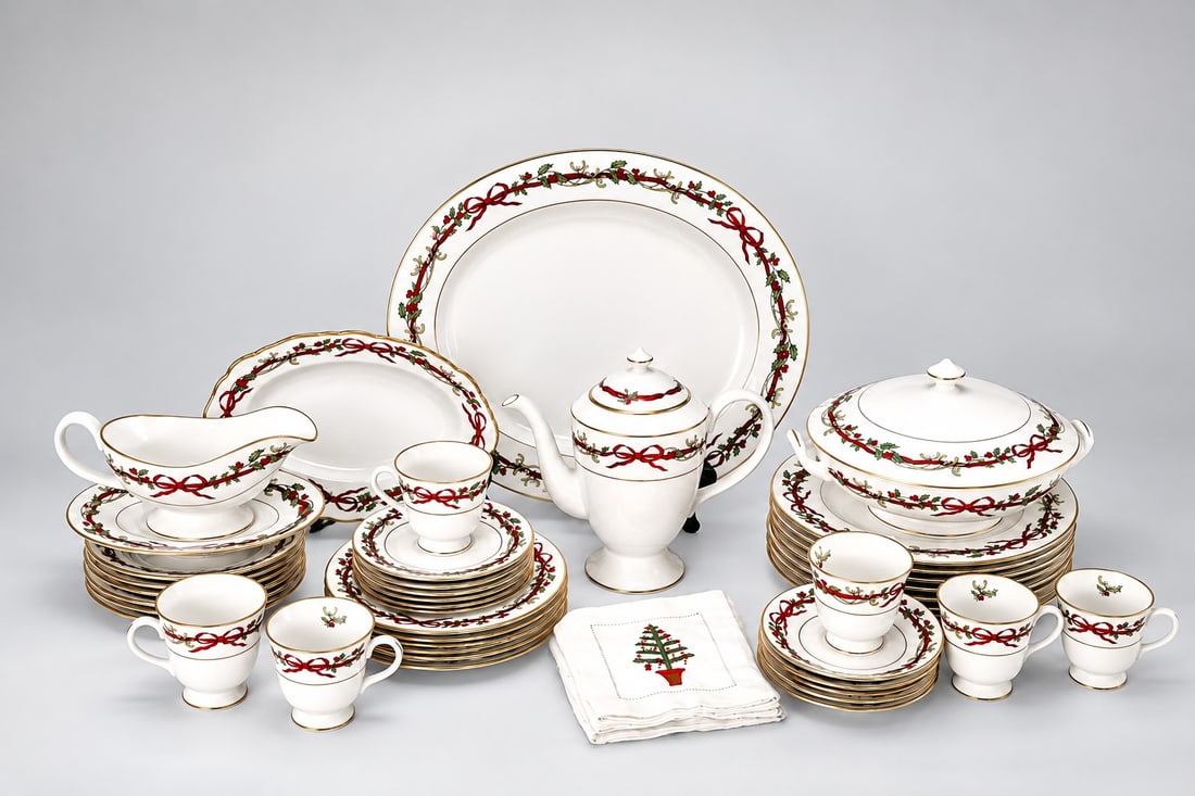 Royal Worcester Holly Ribbons Fine Bone China Dinner Service Set, England 1987: Royal Worcester Holly Ribbons Fine Bone China Dinner Service Set, England 1987 (Plate From 38 x 32 x 2 cm to 14.5 x 1.5 cm, Tea Pot: 24 x 12.5 x 22 cm, Cup: 8 x 8 x 10 cm, Pot: 27 x 23 x 12 cm)