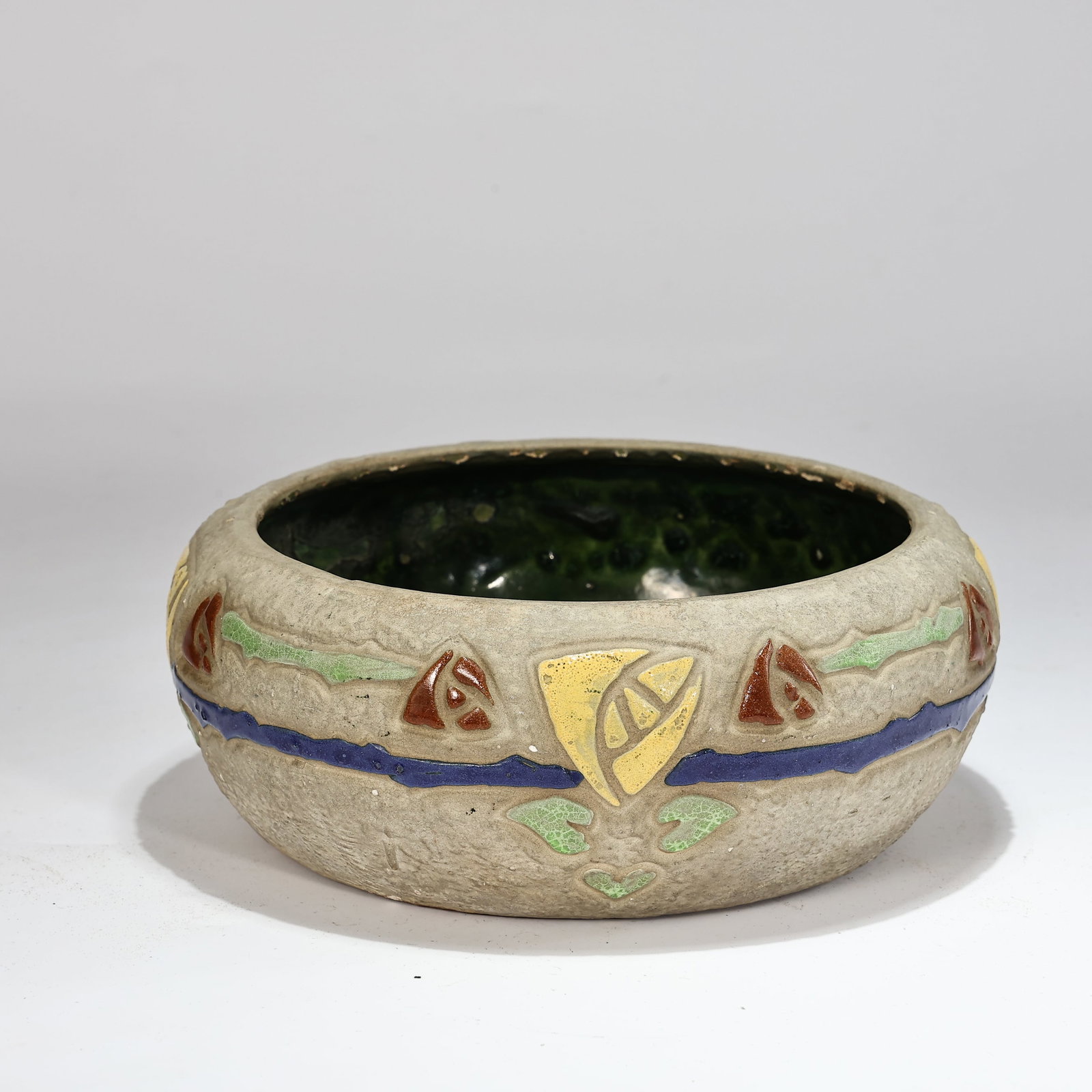 Roseville Mostique Arts Crafts Gray Ground with Yellow Floral Pottery Low Bowl(w/o Stand) (1 of 8)