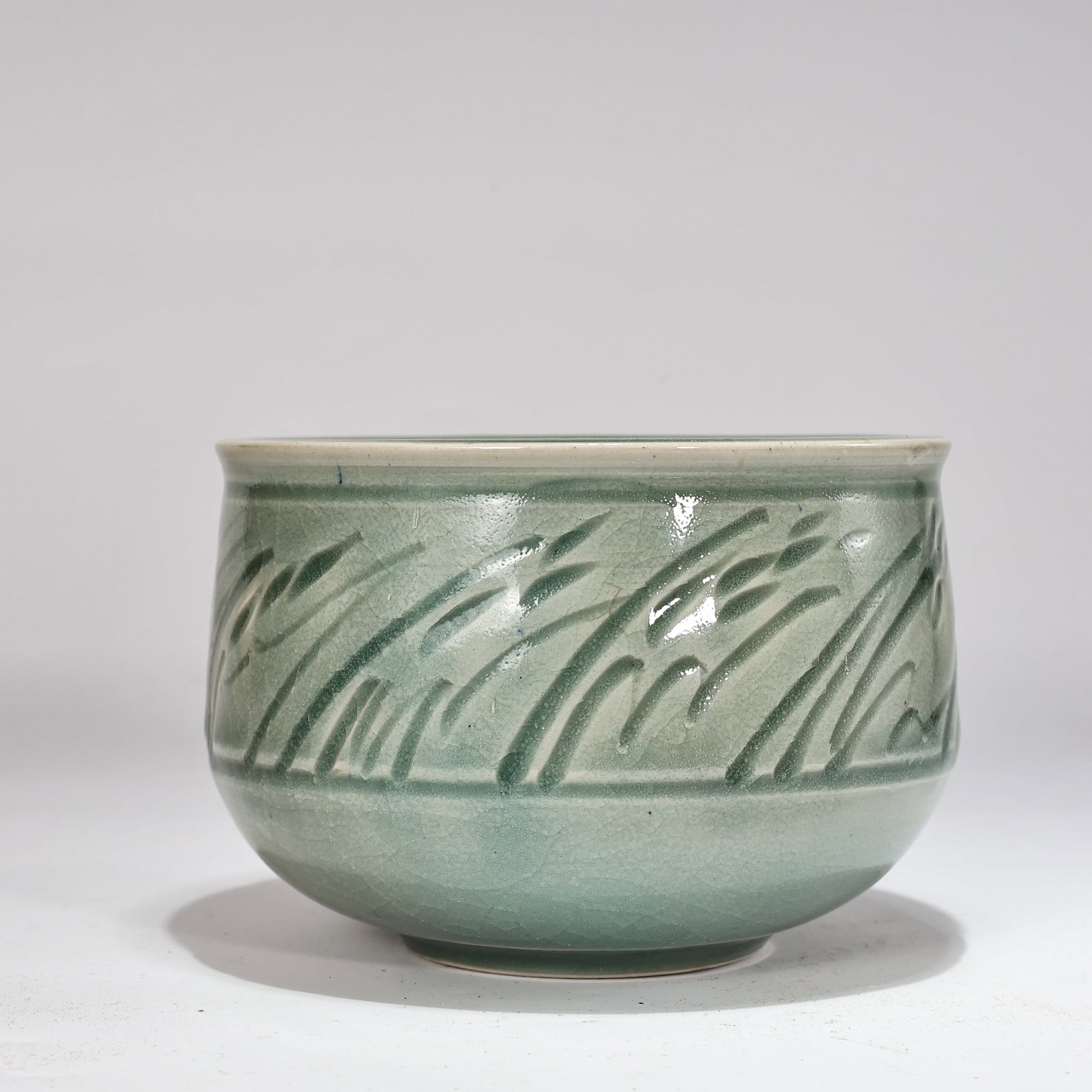 Vintage Studio Pottery Celadon Bowl with Incised Grass Reed Decoration (1 of 6)