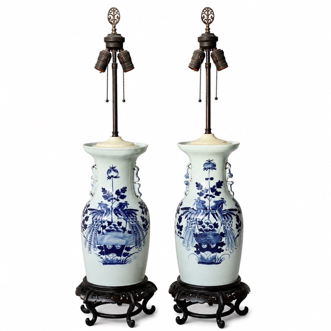 Pair Of Chinese Blue & White Porcelain Phoenix Vases Mounted Table Lamps: Pair Of Chinese Blue & White Porcelain Phoenix Vases Mounted Table Lamps (25 x 95 cm each)