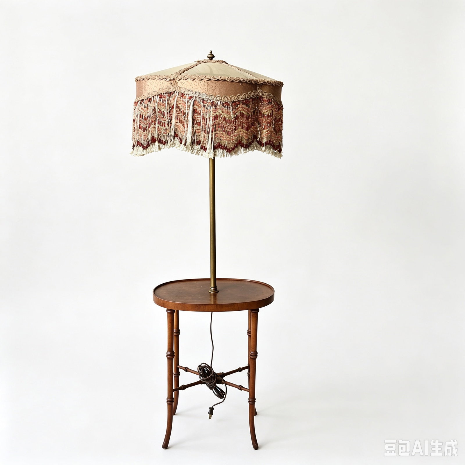 Vintage Wood & Brass Circular Side Table Lamp and Beaded Fringe Shade (1 of 8)
