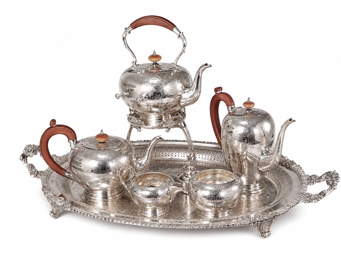 Vintage English Silver Plated Engraved Tea & Coffee Service with Large Gallery Tray (1 of 13)