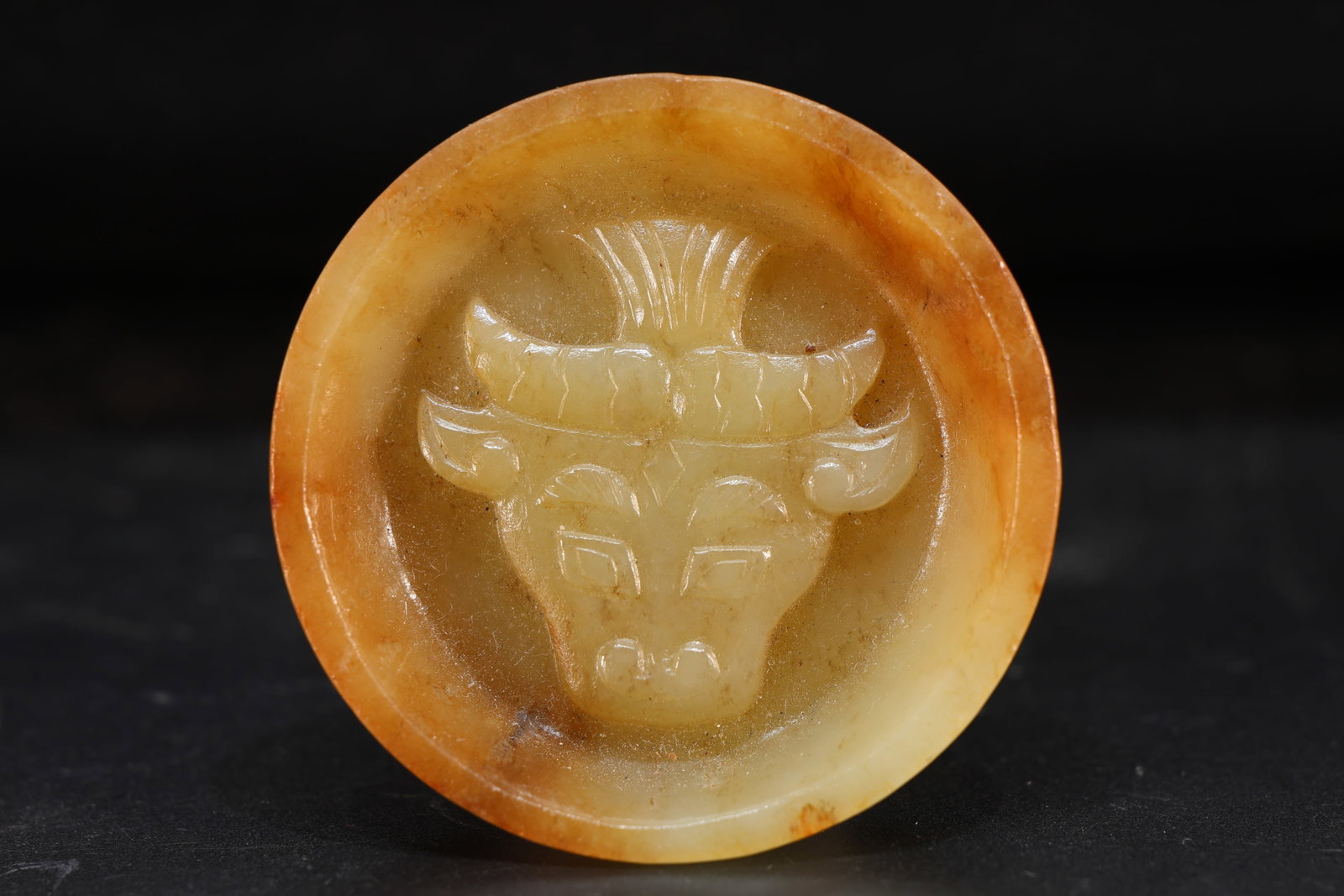 Jade Carved Beast Face and Ox Pattern Pot: Jade Carved Beast Face and Ox Pattern Pot (5.3 x 1.2cm)