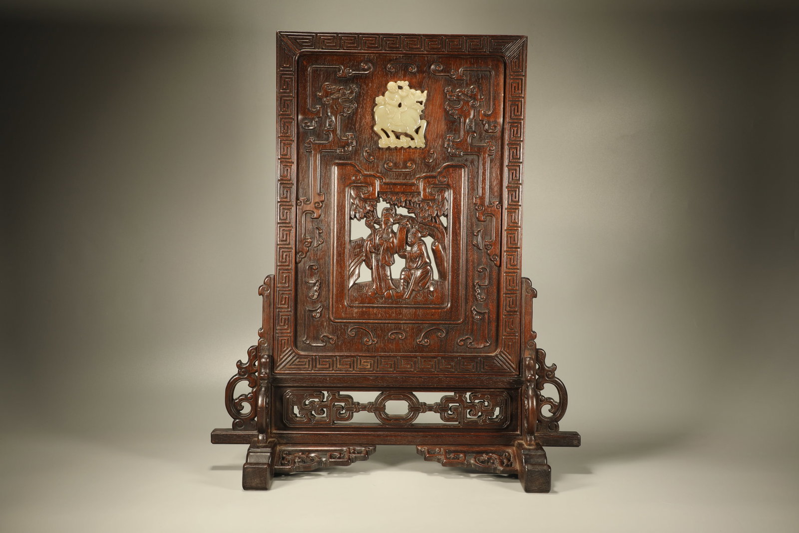 Huanghuali Wood Inlaid Jade Carved Kirin and Character Story Pattern Table Plaque: Huanghuali Wood Inlaid Jade Carved Kirin and Character Story Pattern Table Plaque (53 x 45 x 18cm)