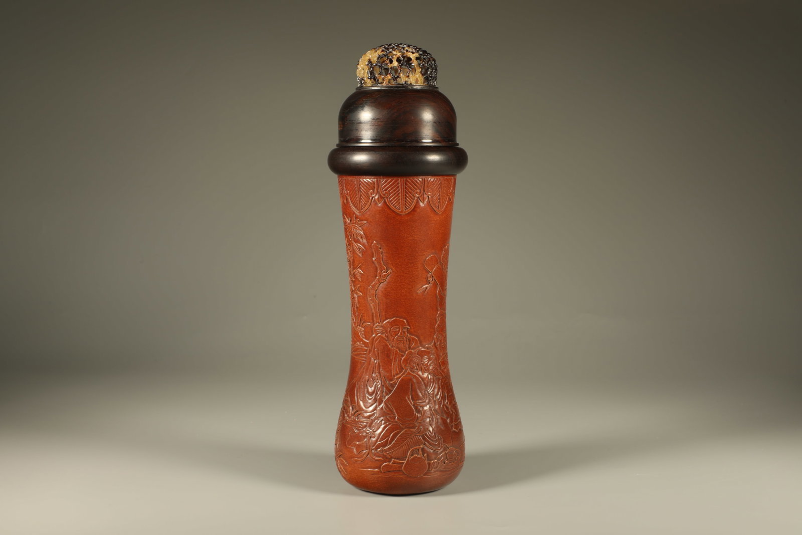 Gourd Carved Character Story and Bamboo Pattern Cricket Jar: Gourd Carved Character Story and Bamboo Pattern Cricket Jar (24 x 7.6cm)