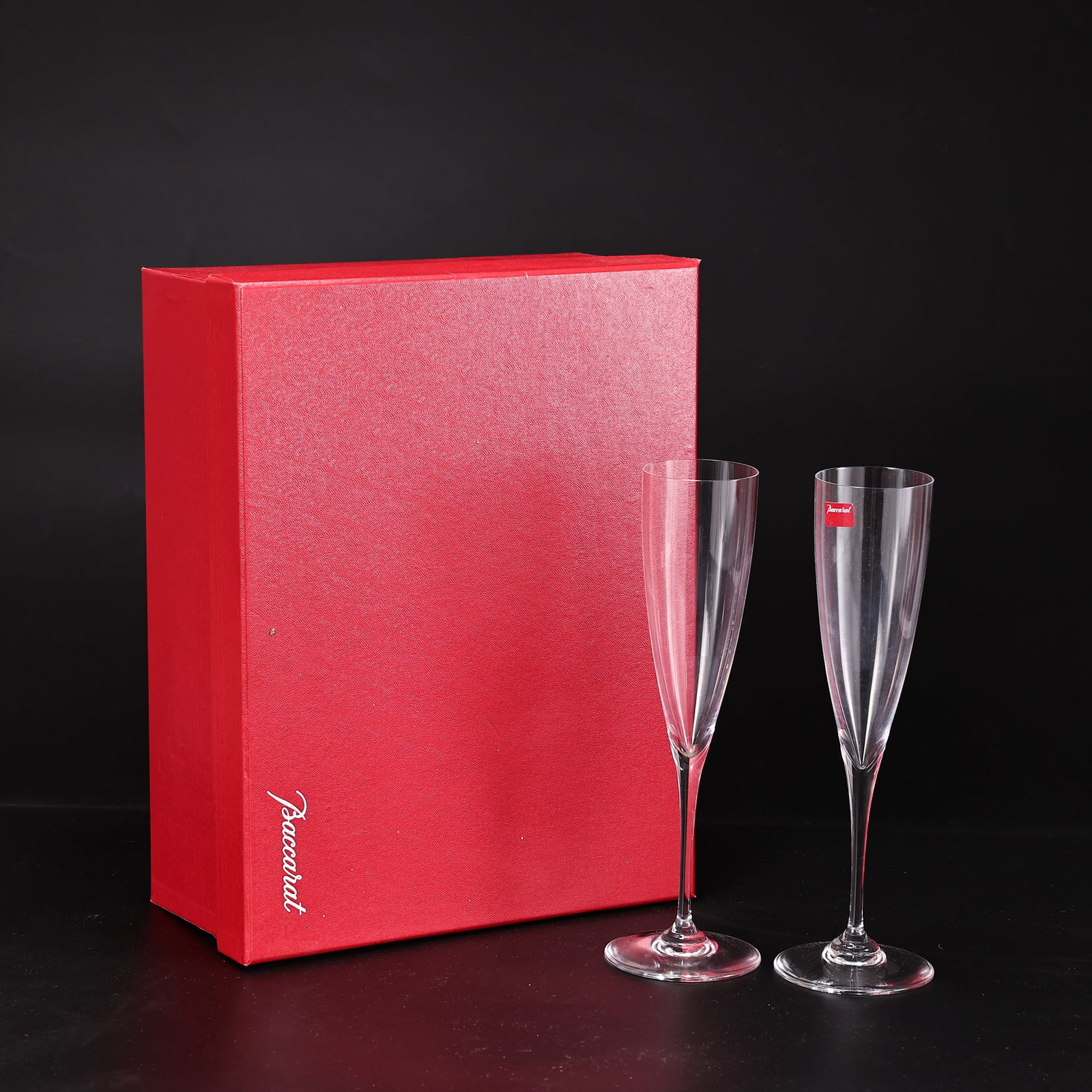 Pair of Baccarat France Clear Crystal Champagne Flutes with Original Red Box: Pair of Baccarat France Clear Crystal Champagne Flutes with Original Red Box (22.5 x 7.2 cm)