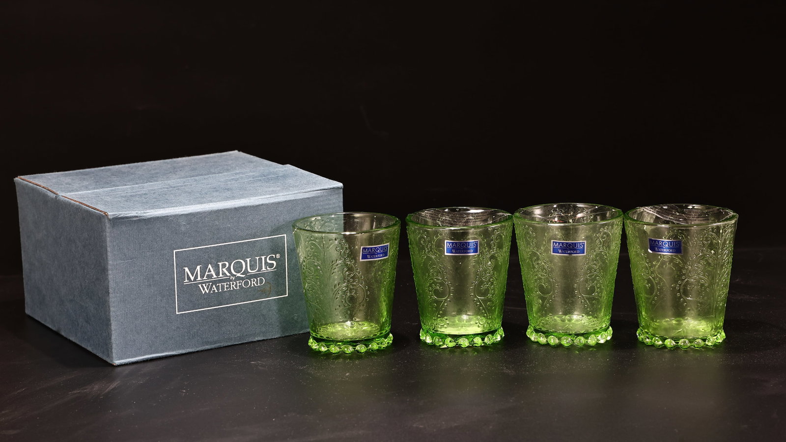 Set of 4 Marquis by Waterford Green Glass Embossed Tumblers with Box: Set of 4 Marquis by Waterford Green Glass Embossed Tumblers with Box (7.5 x 8.5 cm each)