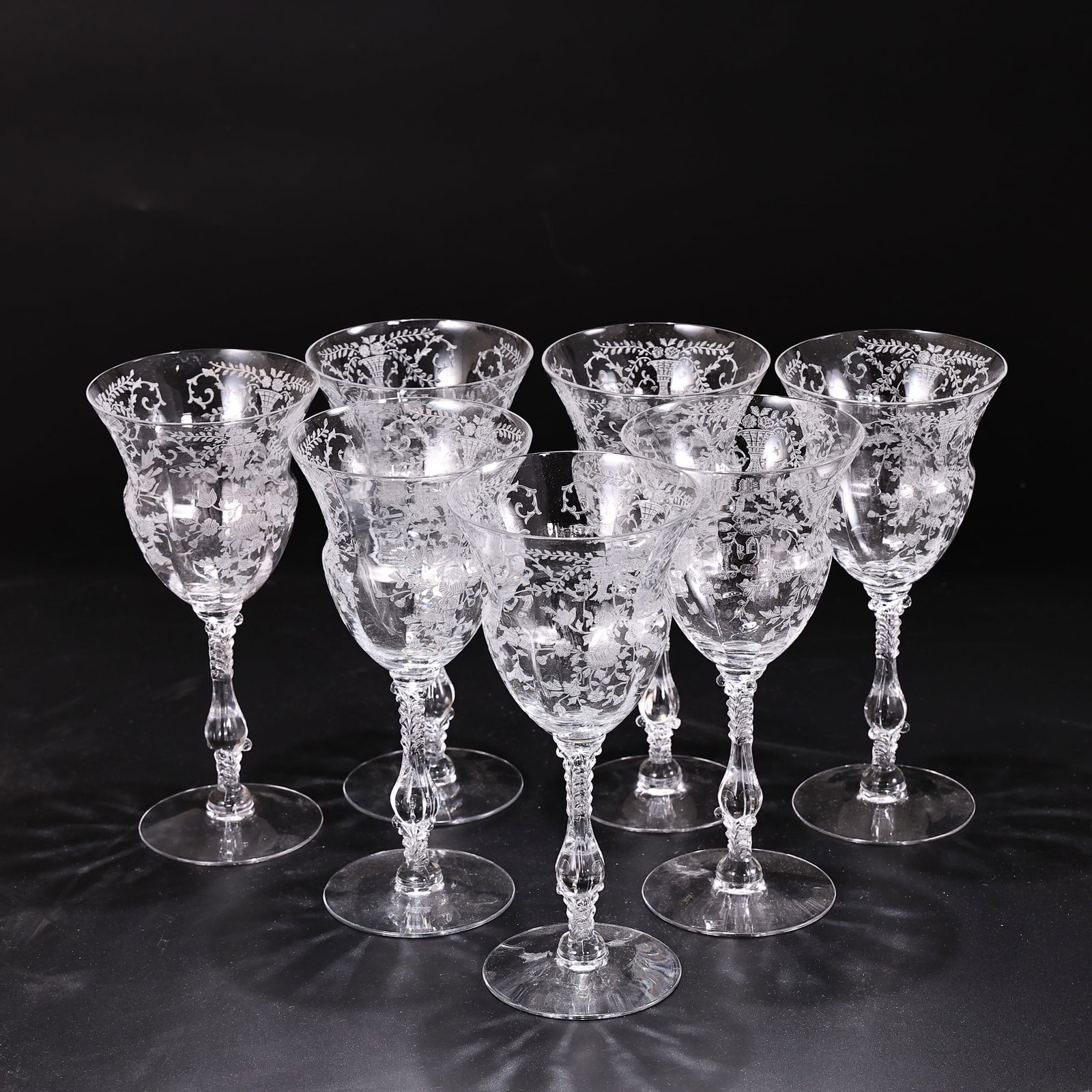 Set of 8 Vintage Elegant Glass Etched Floral & Urn Goblets (1 of 8)