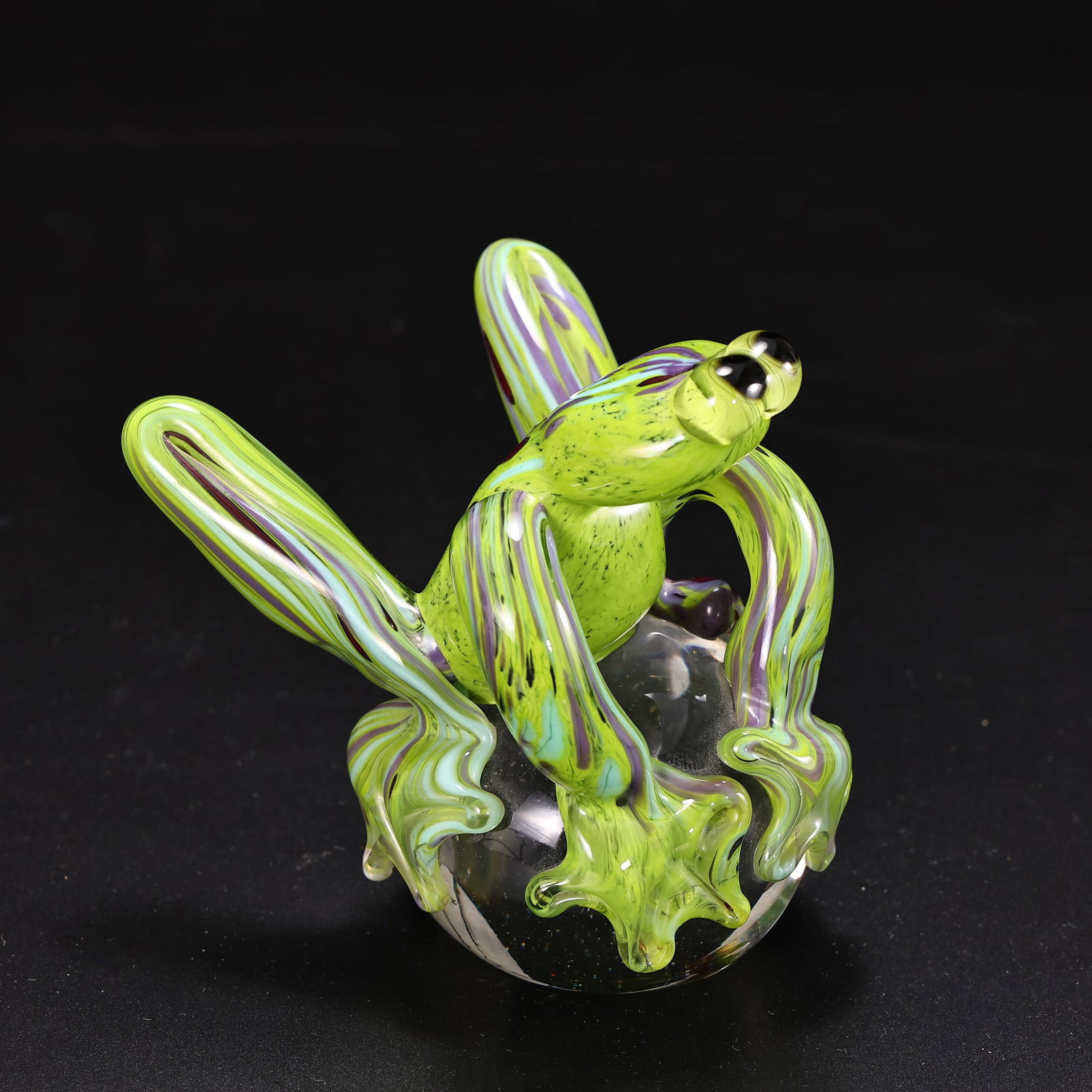 Hand-Blown Green & Purple Striped Art Glass Frog Figurine, Signed A.R. Guglielmello 1998 (1 of 7)