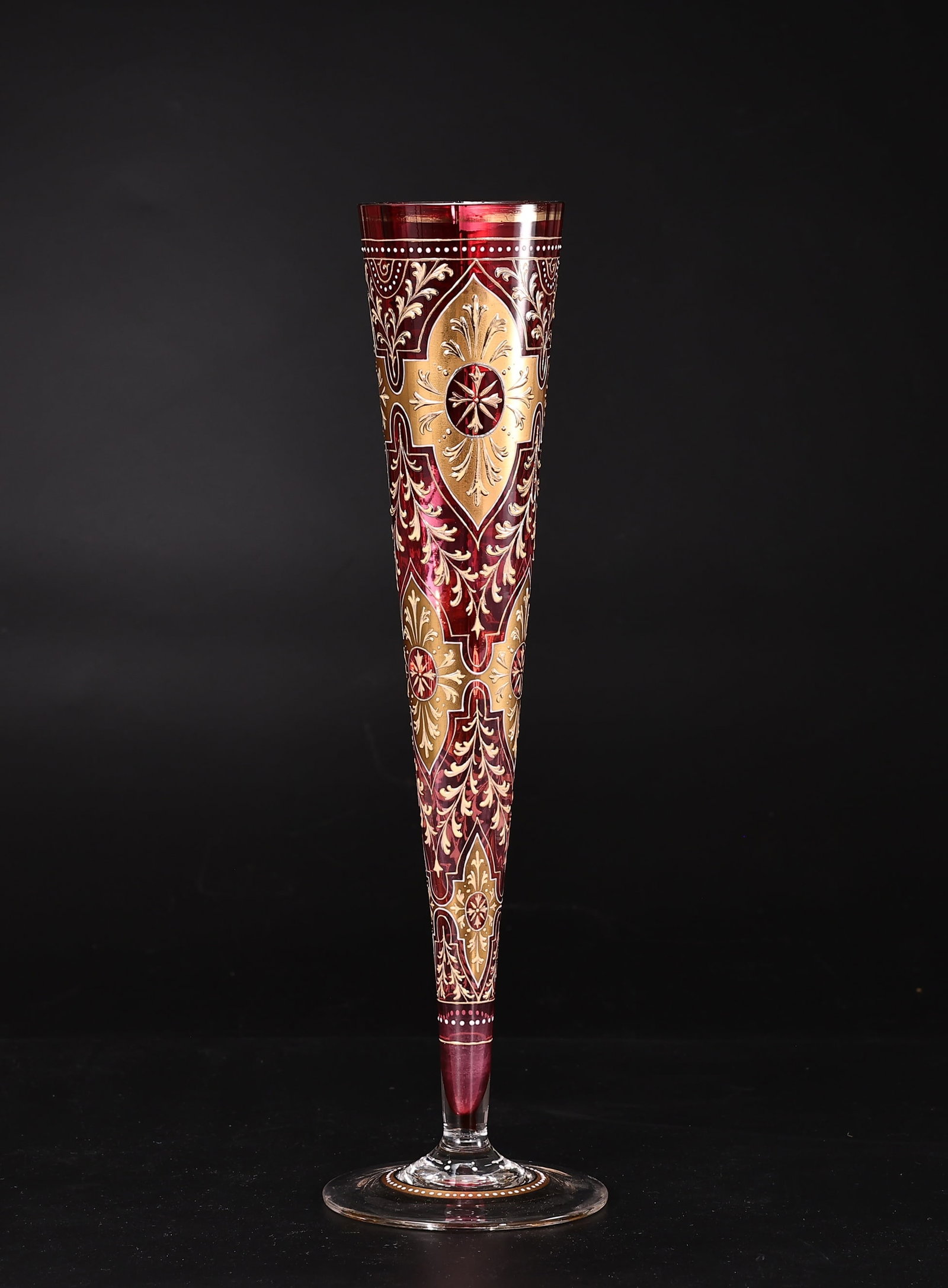 Large Bohemian Ruby Glass Gilt Enameled Trumpet Vase, c.1910: Large Bohemian Ruby Glass Gilt Enameled Trumpet Vase, c.1910 (7.5 x 36 cm)