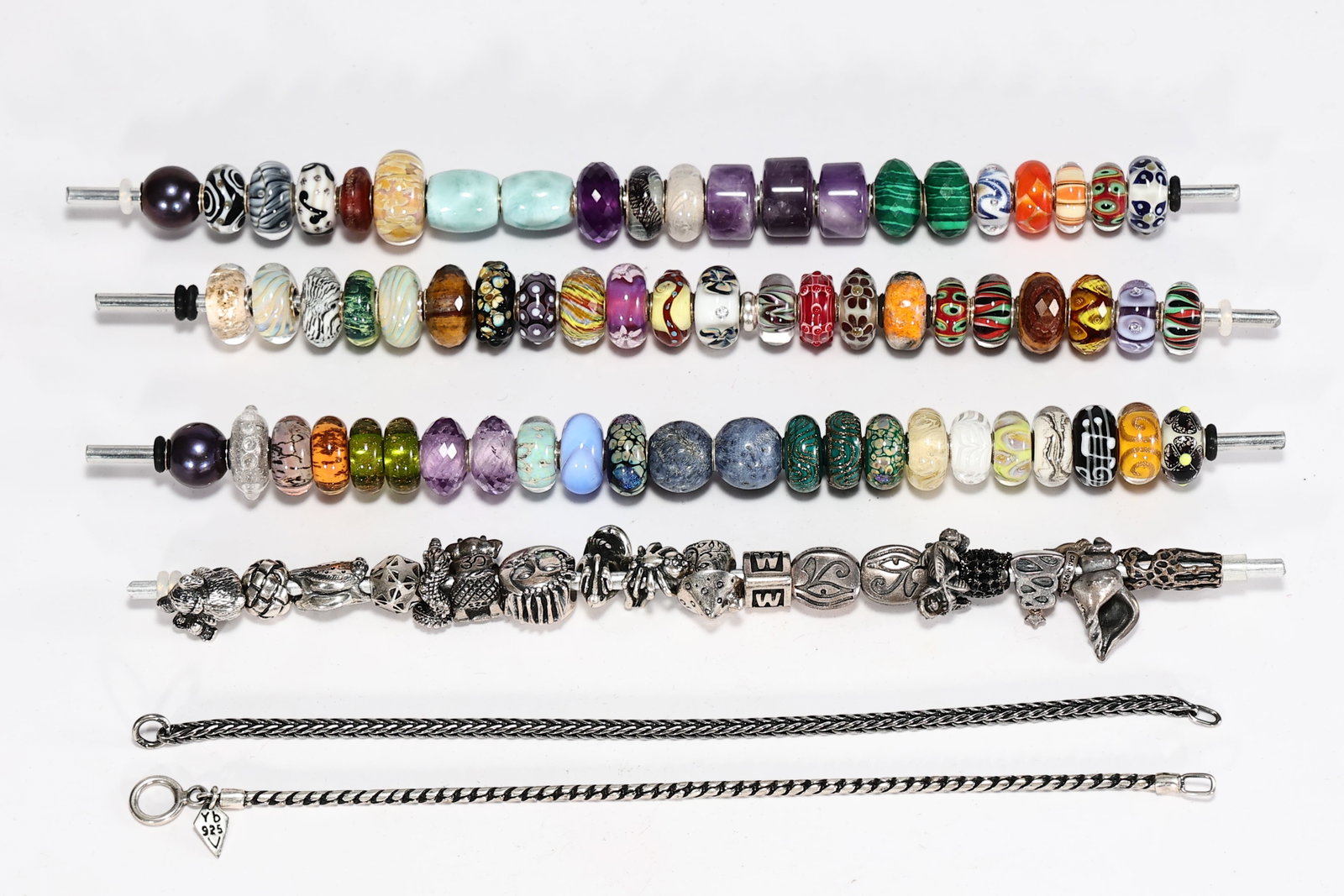 Trollbeads Collection of Glass, Gemstone, Sterling Silver Beads with Two Chains: Trollbeads Collection of Glass, Gemstone, Sterling Silver Beads with Two Chains (Each bead is about 1.2 x 0.6 cm more or less, Bracelet is about 17 cm)