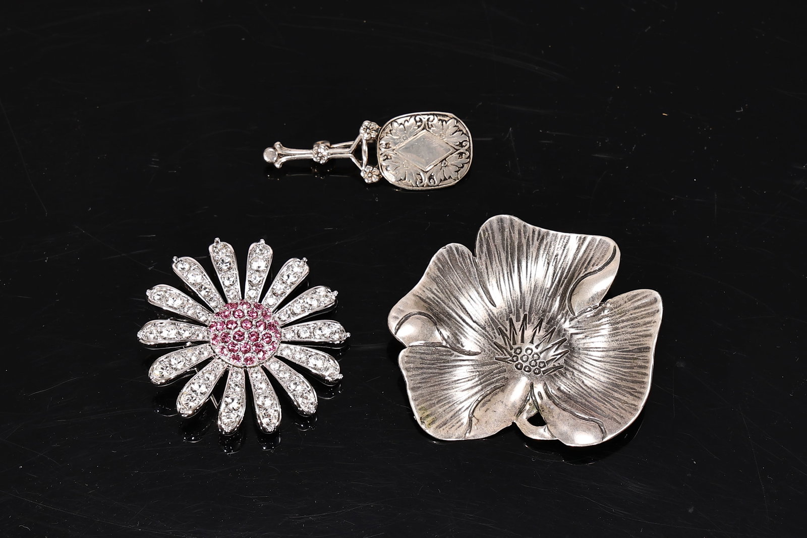 Three Brooches Including Sterling Silver Floral & Figural Pins (1 of 4)