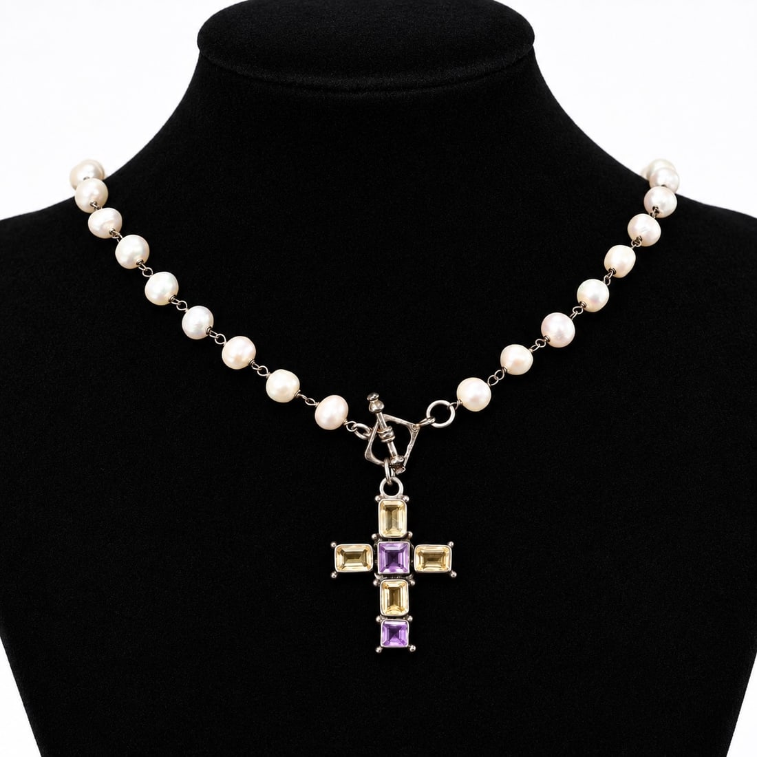 Baroque Freshwater Pearl Necklace with Sterling Silver Gemstone Cross Pendant: Baroque Freshwater Pearl Necklace with Sterling Silver Gemstone Cross Pendant (Pendant: 2.4 x 3.4 x 0.4 cm, Pearl Chain is about 20 x 0.6 cm)