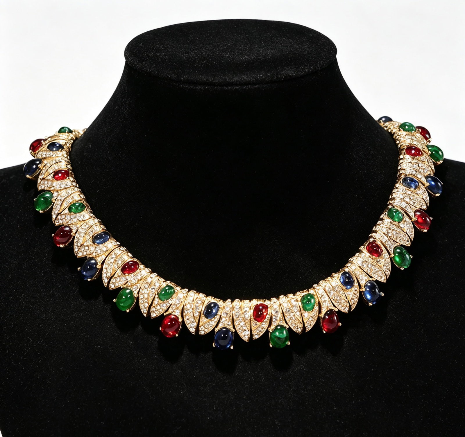 Vintage Gold Tone Multi-Color Cabochon Rhinestones Statement Collar Necklace: Vintage Gold Tone Multi-Color Cabochon Rhinestones Statement Collar Necklace (15 x 12.5 x 1.5 cm)