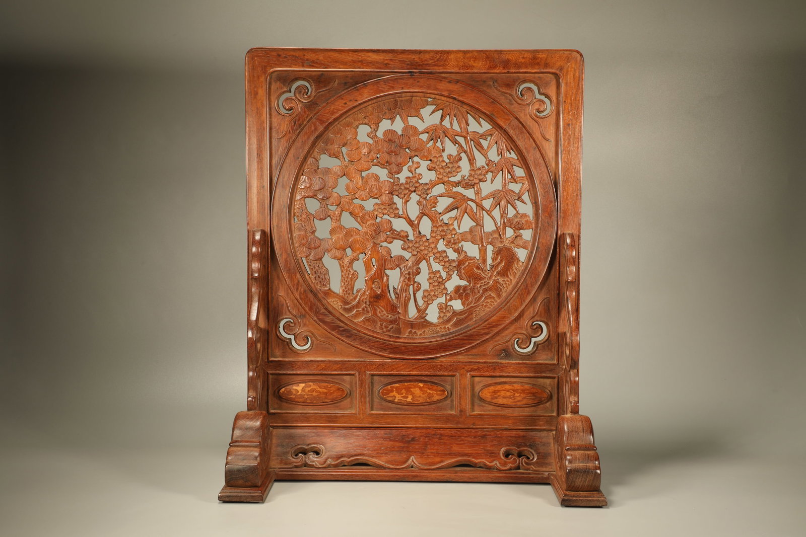 Huanghuali Wood Carved Bamboo and Pine Tree & Plum Flower Pattern Table Plaque: Huanghuali Wood Carved Bamboo and Pine Tree & Plum Flower Pattern Table Plaque (46 x 38 x 25cm)