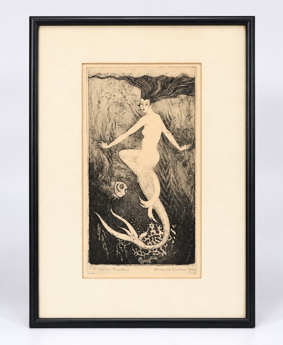 Water Fantasy Mermaid Etching, 3/50, Pencil By Evelynne Charline Mess: Water Fantasy Mermaid Etching, 3/50, Pencil By Evelynne Charline Mess (26 x 38 x 1 cm including frame)