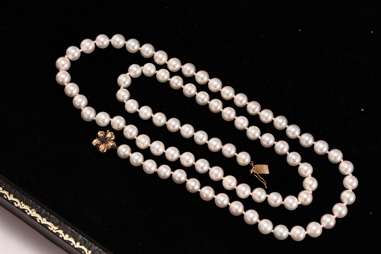 Long Strand Cultured Pearl Necklace with Gold Floral Gold Clasp (1 of 7)
