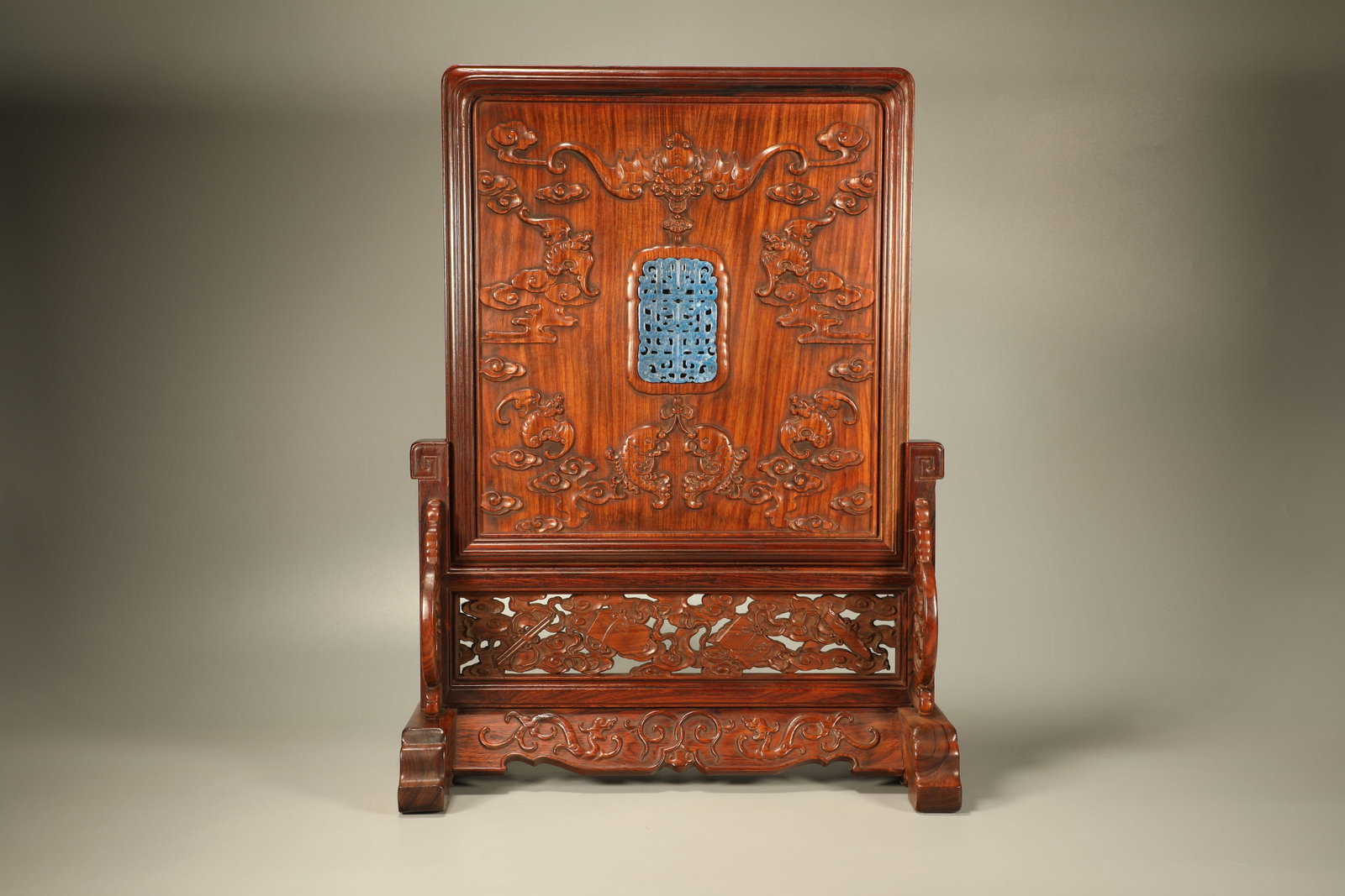 Huanghuali Wood Inlaid Lapis Carved Bat and Fish Pattern Table Plaque (1 of 8)
