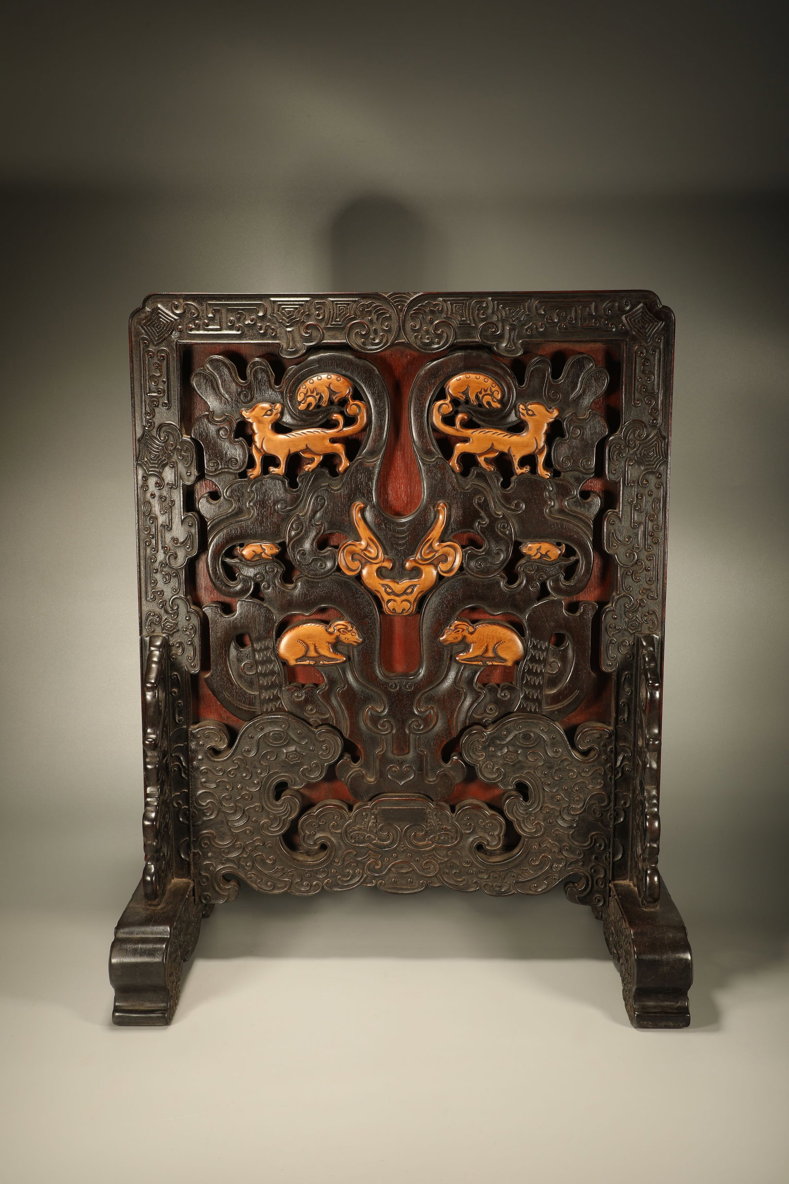Red Sandalwood Inlaid Boxwood Carved Dragon and Beast Pattern Table Plaque (1 of 7)