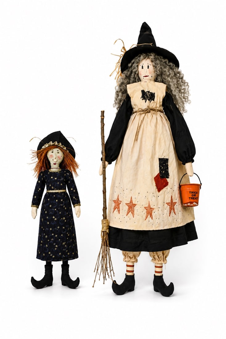 Pair of Primitive Folk Art Halloween Witch Dolls with Broom (1 of 4)