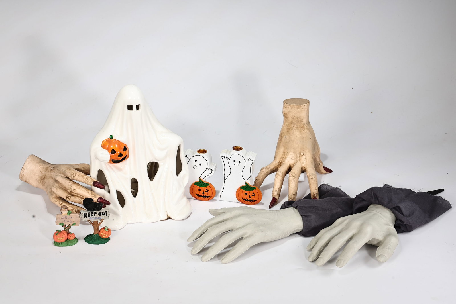 Assorted Halloween Decor Lot ? Ghost, Witch Hands, Candle Holders & Miniatures: Assorted Halloween Decor Lot -Ghost, Witch Hands, Candle Holders & Miniatures (About 16 x 17 x 21 cm more or less)