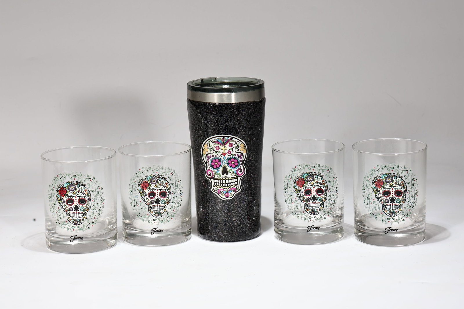 Sugar Skull Dia de los Muertos Set 4 Glass Tumblers & Travel Tumbler (1 of 4)