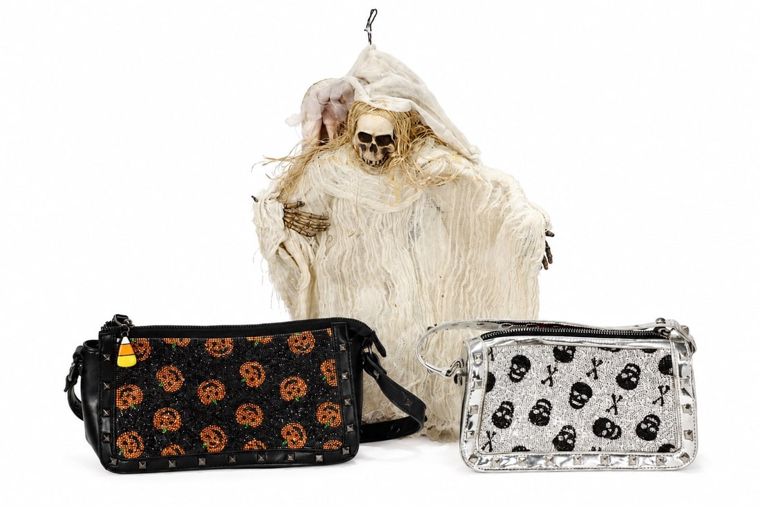 Betsey Johnson Halloween Pumpkin Skull Handbags & Skeleton Hanging: Betsey Johnson Halloween Pumpkin Skull Handbags & Skeleton Hanging (48 x 32 x 7 cm, About 28 x 15 x 6 cm each)