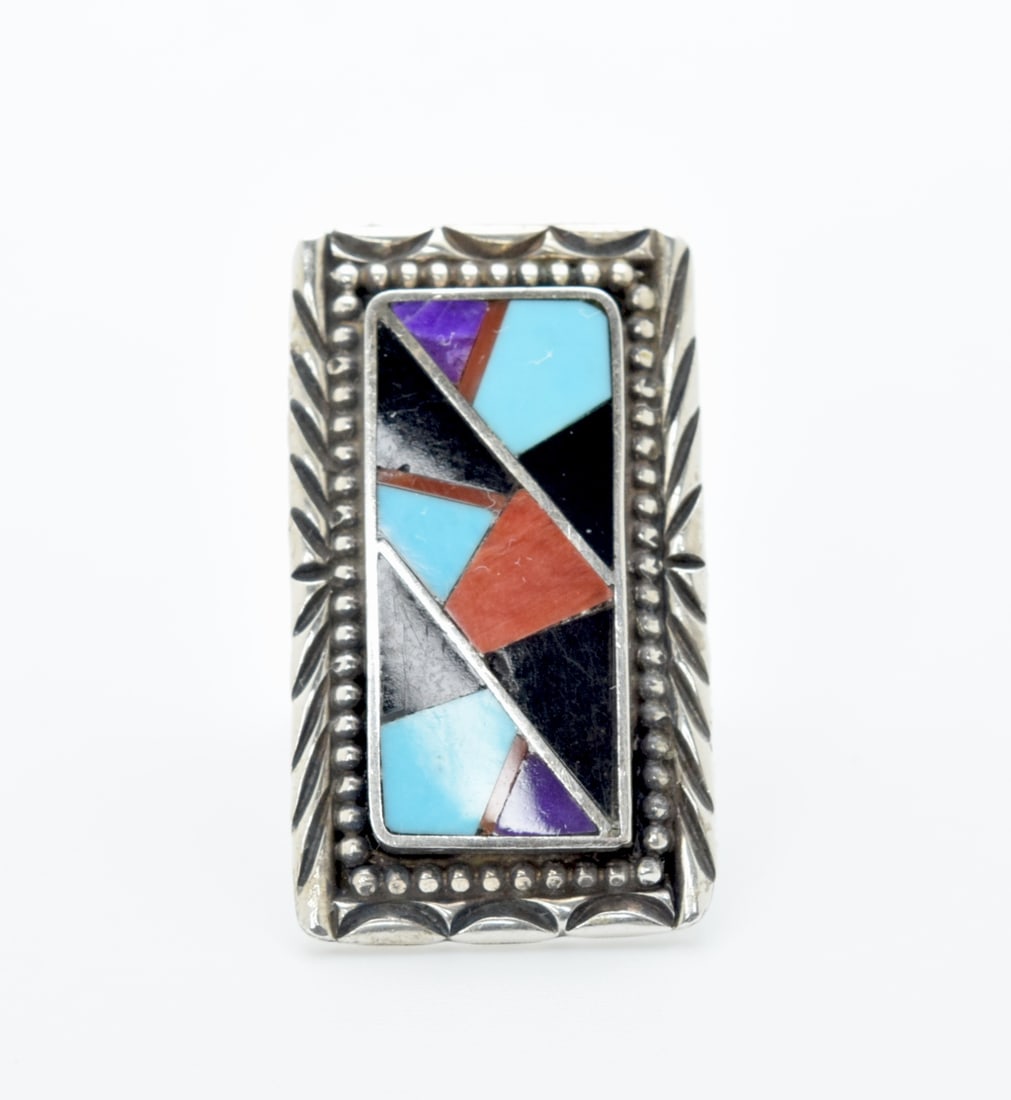 Navajo Zuni Turquoise Inlay Signed H.S Sterling Silver Ring Size 7.5: Navajo Zuni Turquoise Inlay Signed H.S Sterling Silver Ring Size 7.5 (3.8 cm x 2 cm x 2.5 cm, and size of 7.5)